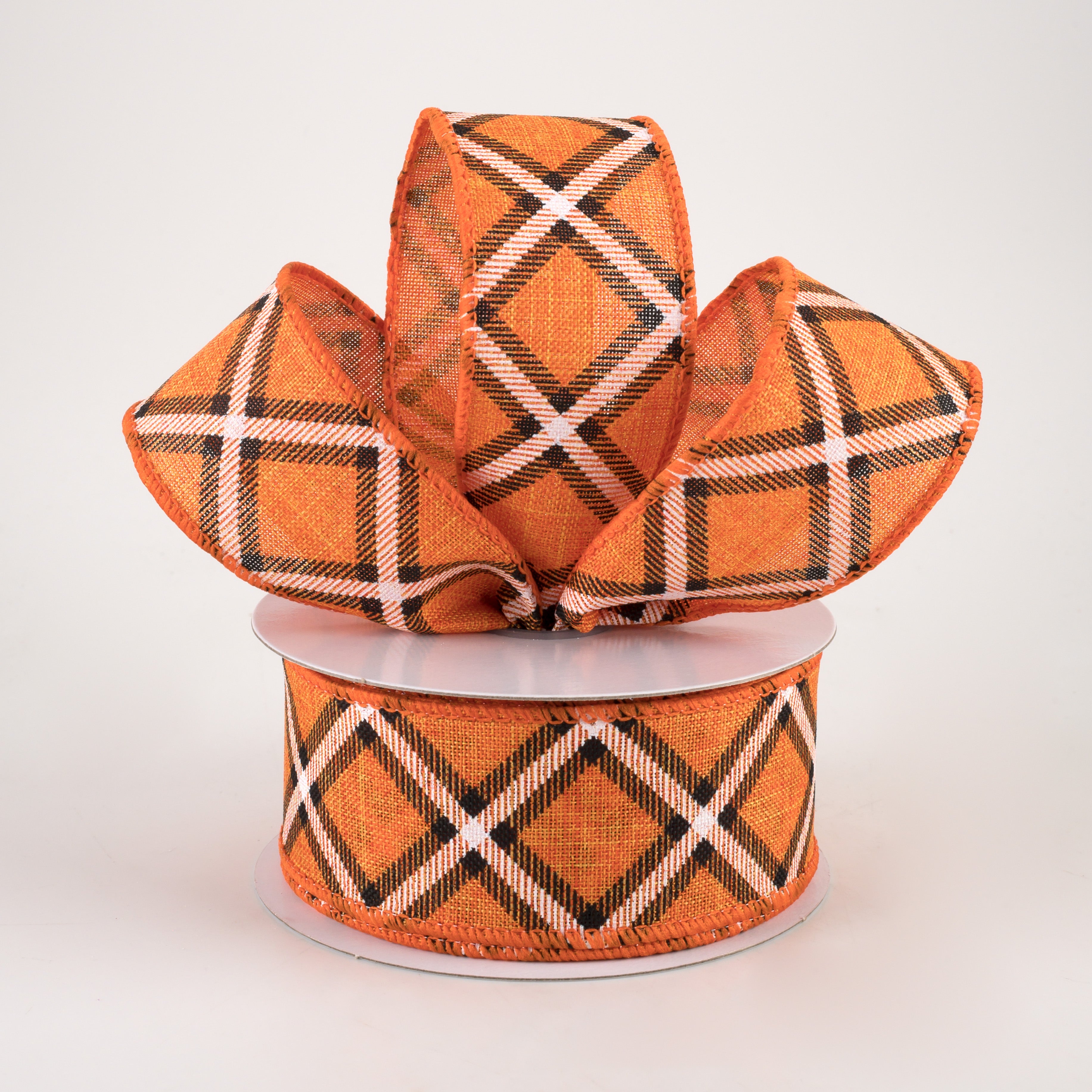 1.5 Inch Linen Asher Plaid Ribbon - Orange, Black & White Checkered Pattern - 10 Yards Bulk Spool for Gift Wrapping, Crafts, DIY Projects & Home Decor