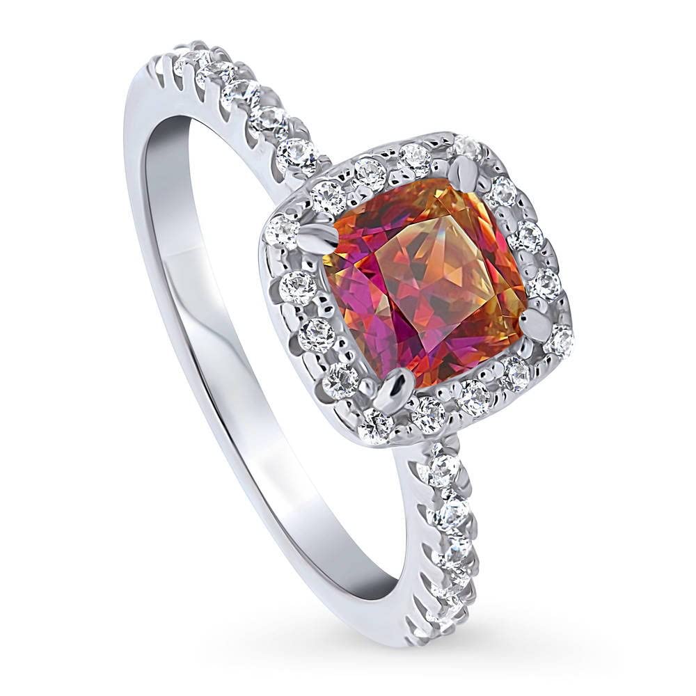 BERRICLE Sterling Silver Halo Red Orange Cushion Cut Cubic Zirconia CZ Kaleidoscope Fashion Ring for Women | Rhodium Plated Size 4-10 | Elegant Jewelry for Parties, Weddings & Everyday Wear