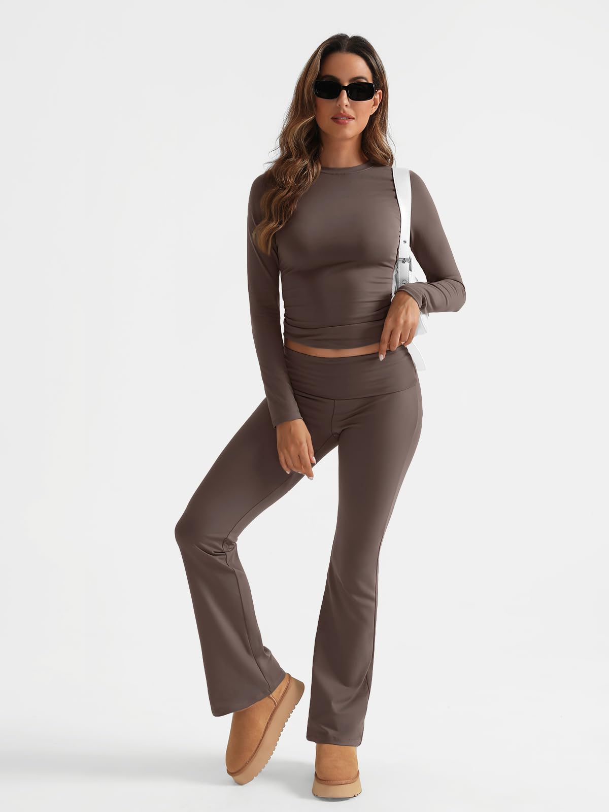 Trendy Queen Women's 2-Piece Lounge Set - Long Sleeve Shirt & Fold-Over Yoga Pants | Soft Comfort Outfit for Home, Workout & Casual Wear | Perfect for Yoga, Running Errands & Relaxing at Home