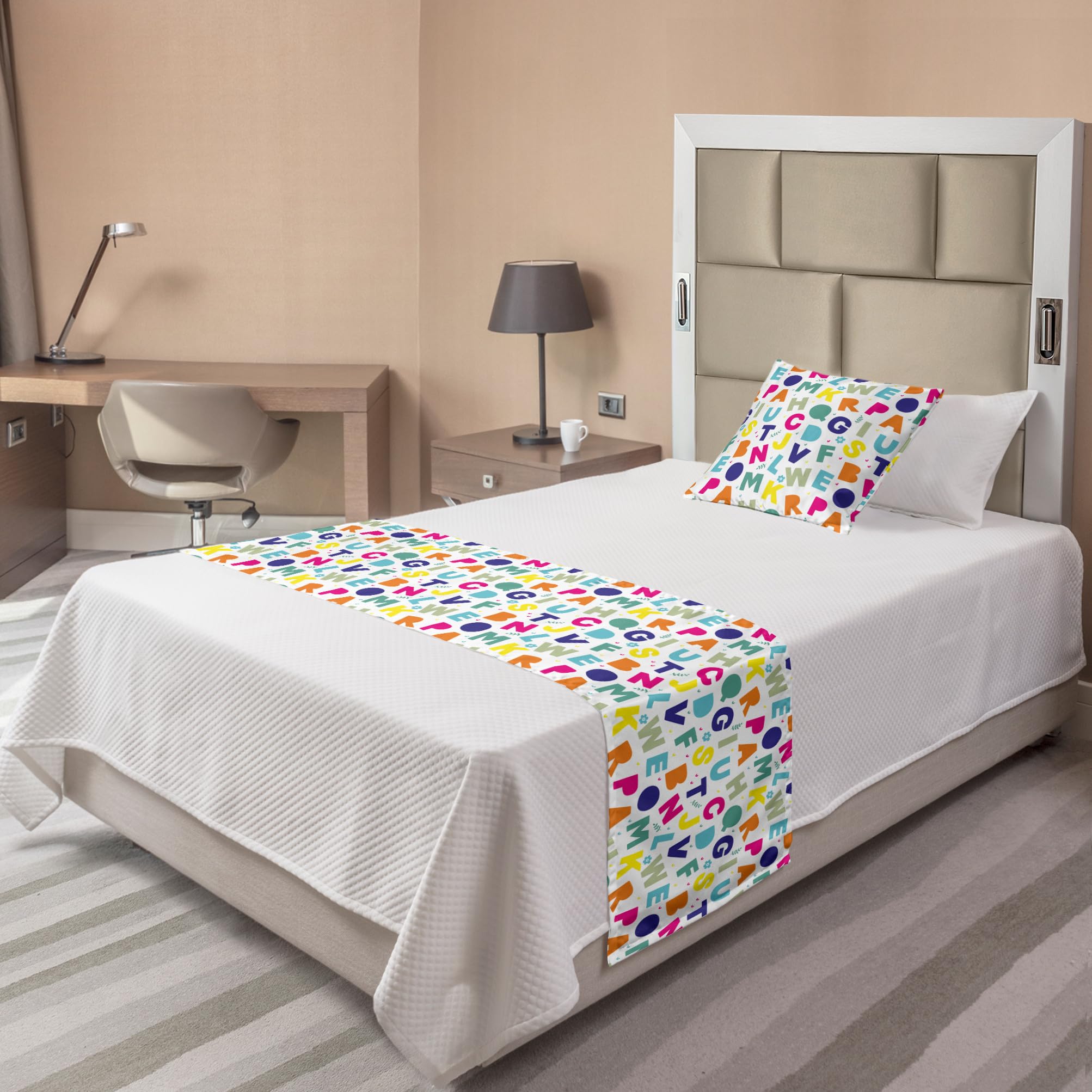Ambesonne Alphabet Bed Runner Set - Colorful Letters with Flowers & Leafy Branches Design, Decorative Bedding Scarf & Pillow Sham for Twin Bed - Perfect for Hotels, Homes & Dorm Room Decor