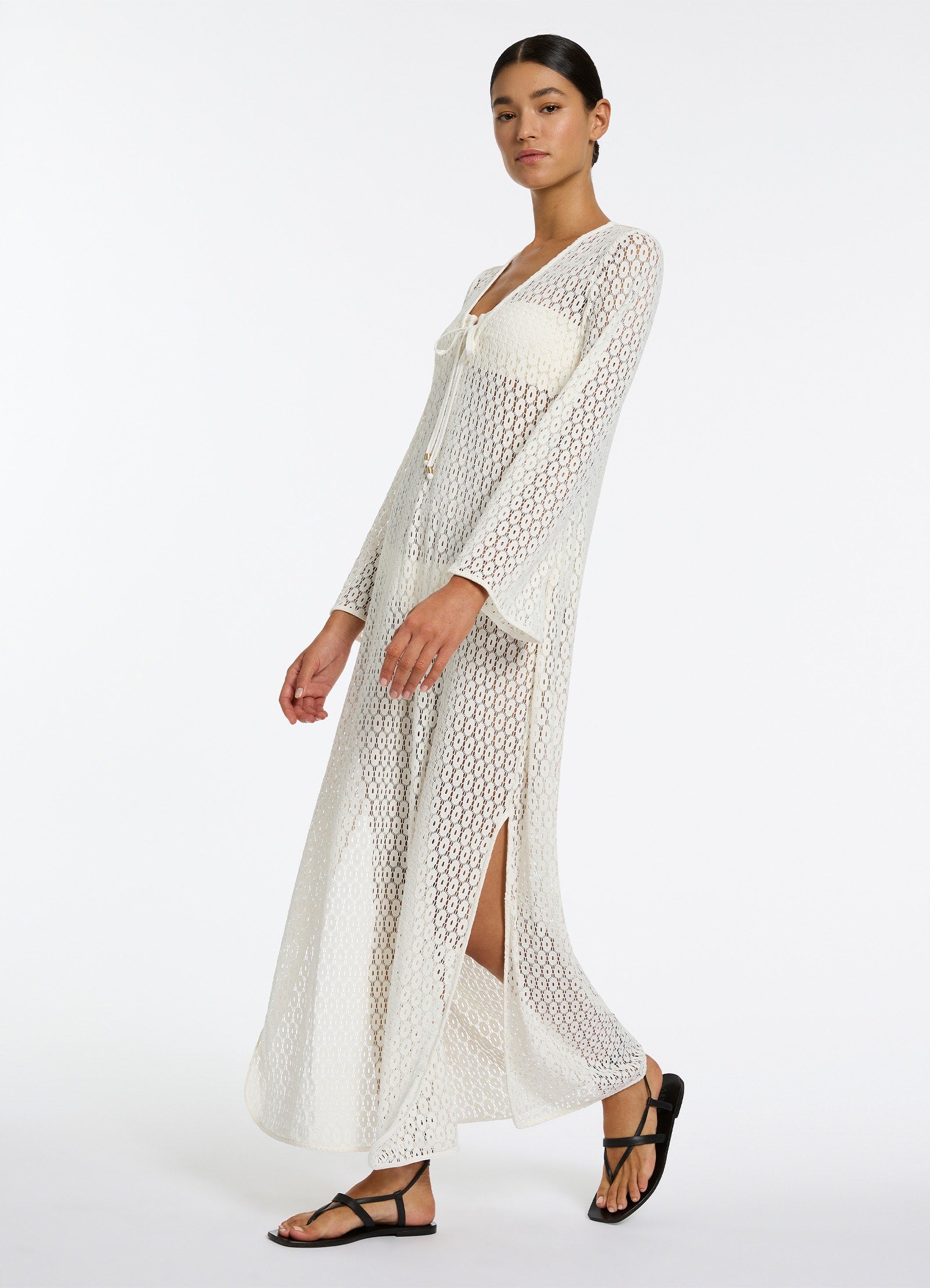 Elegant Stretch Lace Maxi Kaftan Dress - Cream - Boho Beach Cover Up & Summer Party Wear