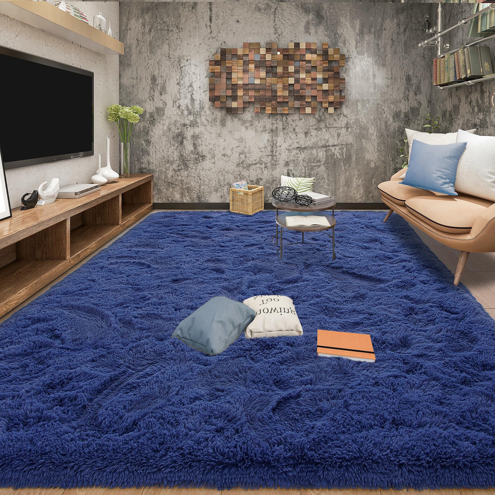 Tepook Modern Shaggy Rug 6x9 Feet - Soft Velvet High Pile Fluffy Area Rug, Light Navy Blue, Machine Washable Stain Resistant Indoor Carpet for Living Room, Bedroom, Nursery & Home Decor
