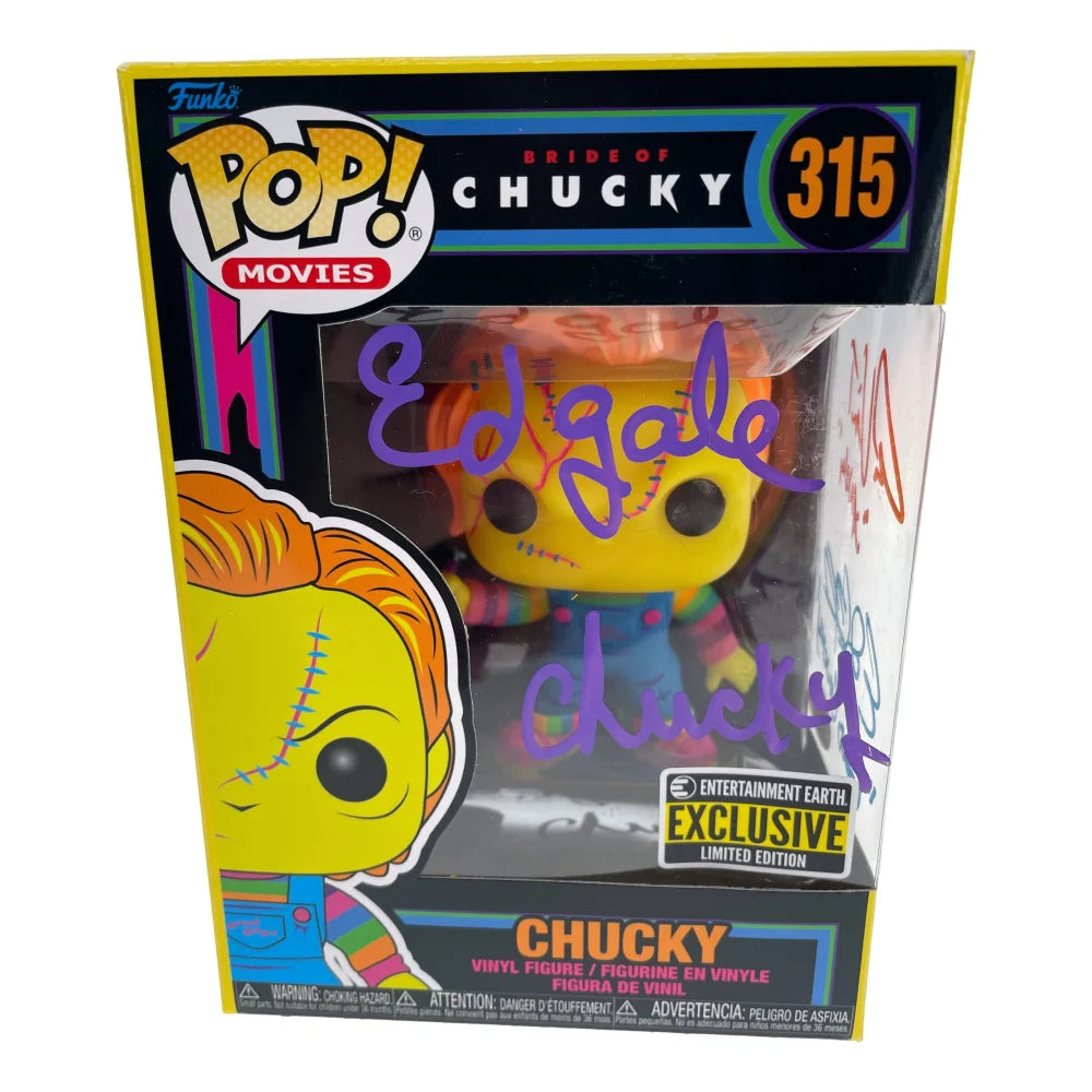 Chucky Funko Pop #315 Neon - Autographed by Ed Gale, Alex Vincent & Edan Gross with JSA COA - Signed Horror Collectible for Fans & Movie Memorabilia Enthusiasts