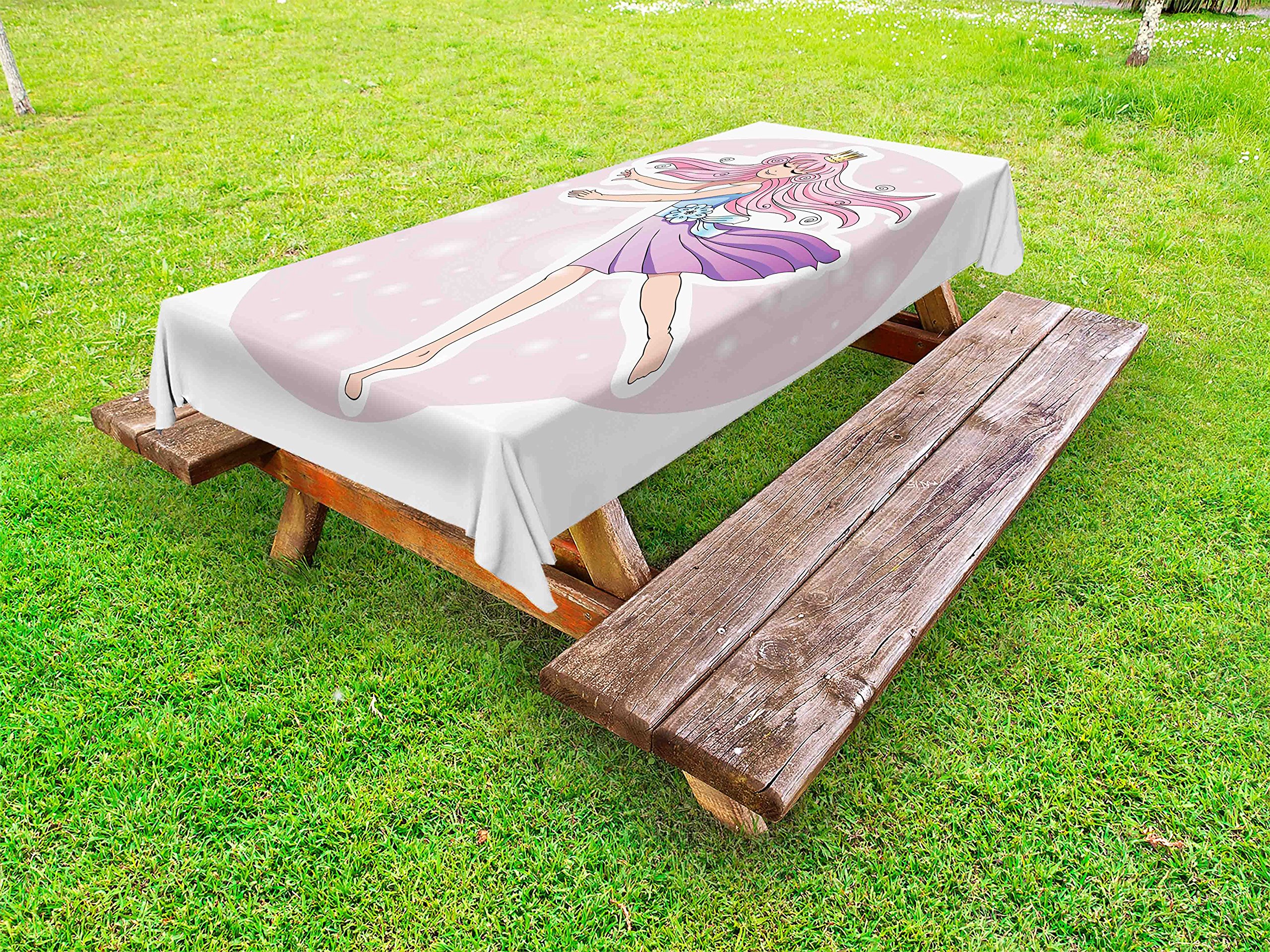 Lunarable Cartoon Outdoor Tablecloth - Fairy Tale Backdrop with Dancing Ballerina Design, Soft Dreamy Colors, Washable Picnic Table Cover 58x84 Inches in Pink Blue Purple - Perfect for Garden Parties, Baby Showers & Outdoor Dining