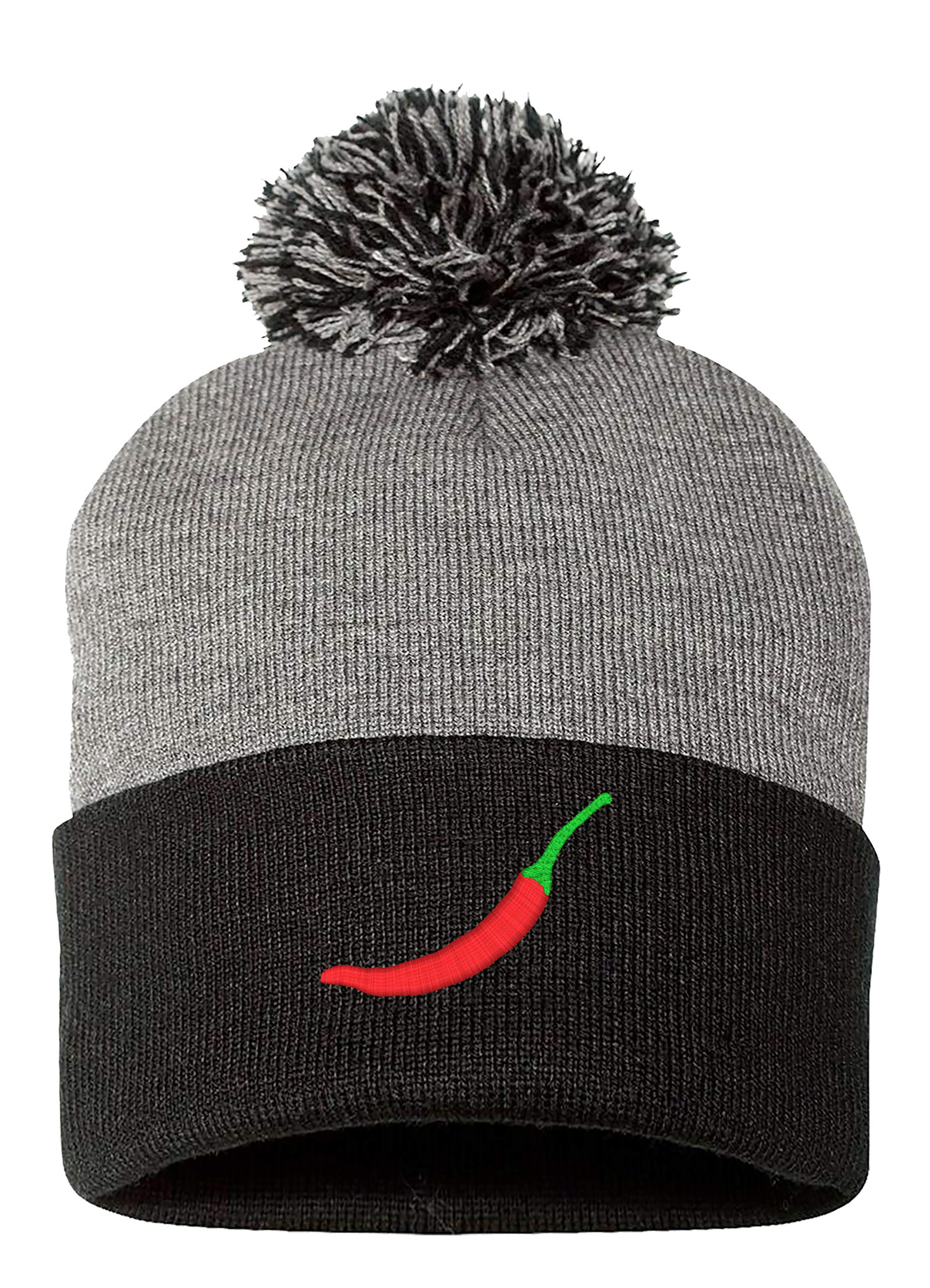 Embroidered Pom Pom Red Chili Hot Pepper Beanie for Men & Women - Warm Winter Hat for Skiing, Snowboarding & Outdoor Activities