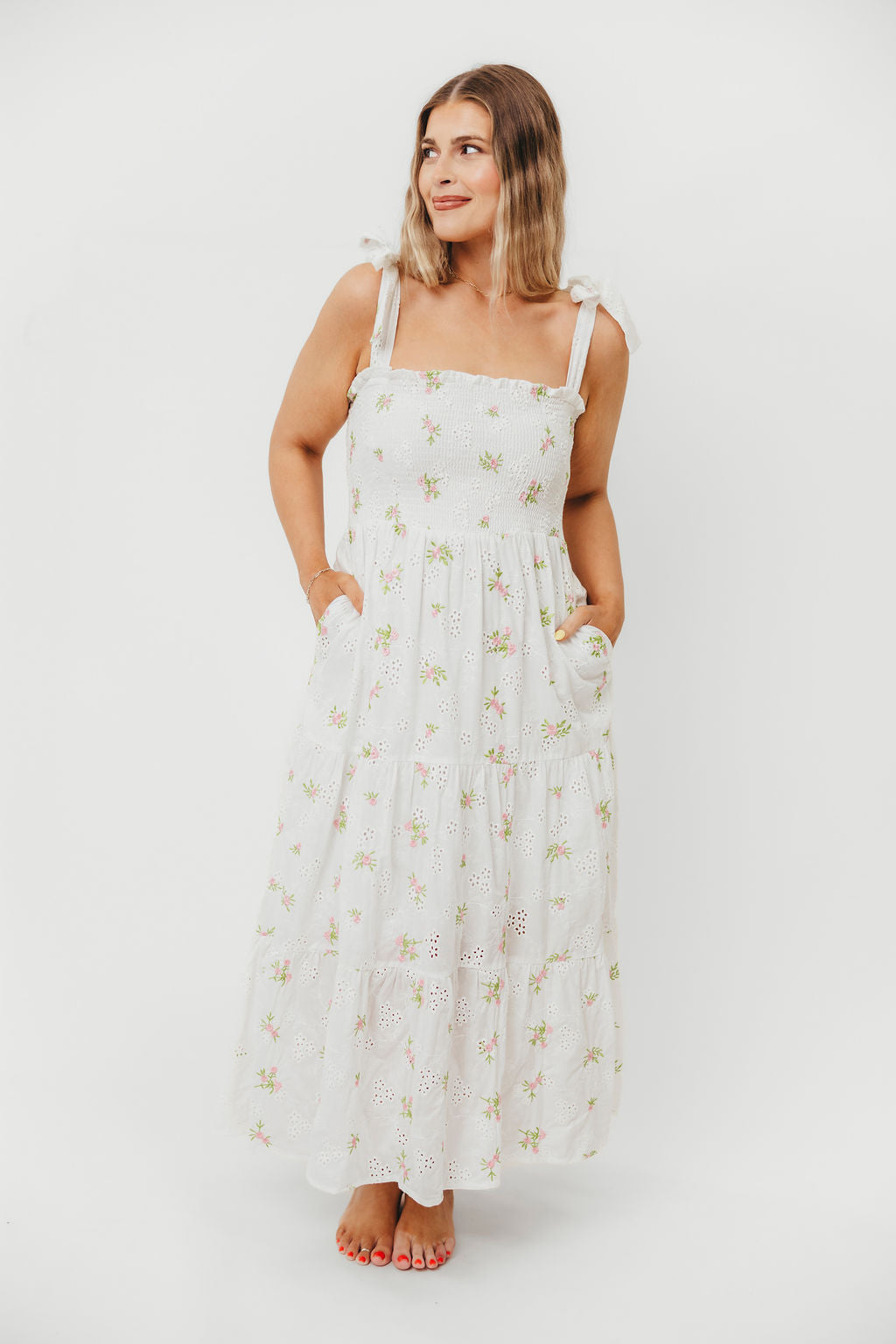 Brinley Embroidered Floral Summer Dress for Women - White & Pink A-Line Sundress | Perfect for Beach Vacation, Garden Party & Date Night Outfits