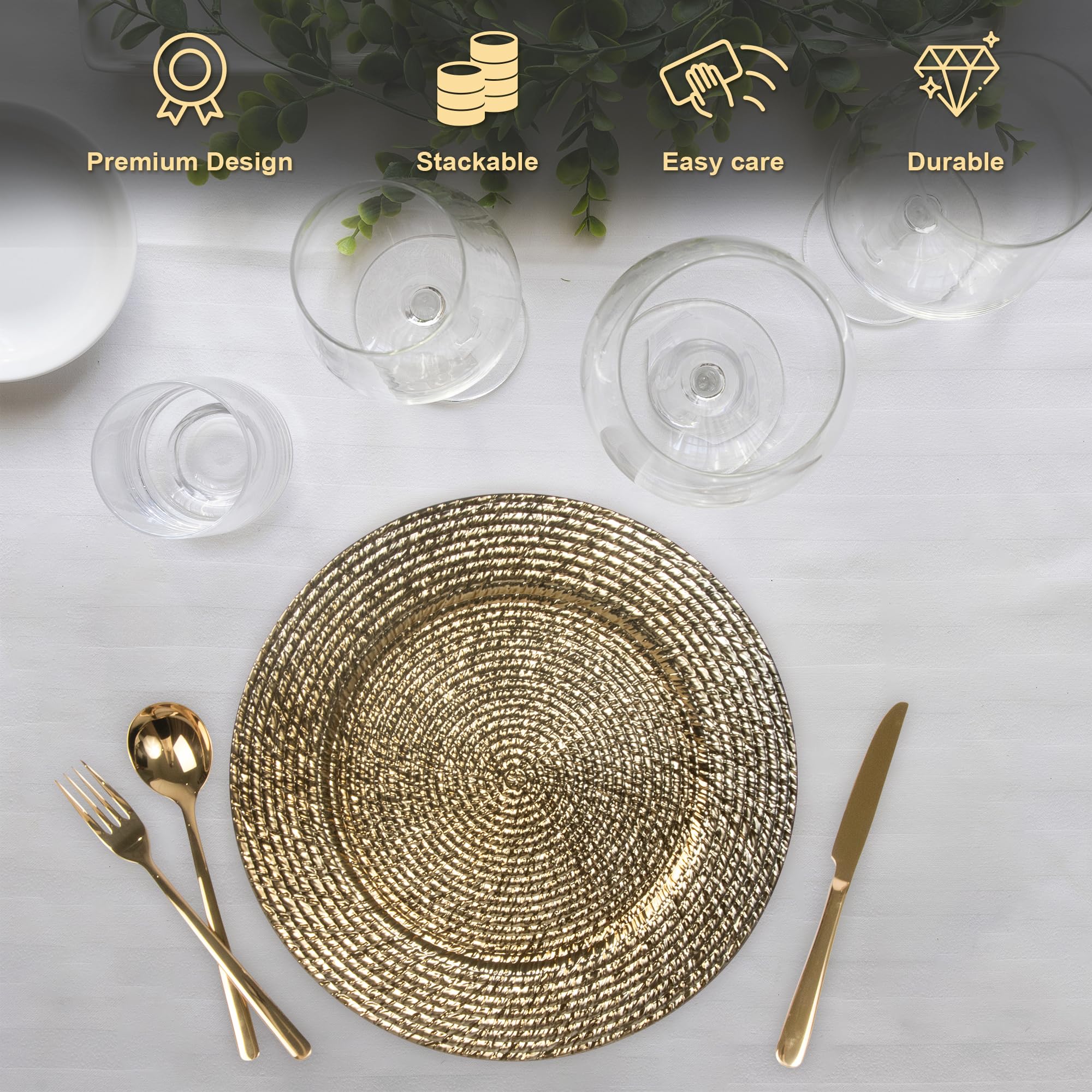 50 Pcs Gold Charger Plates Bulk - Elegant Decorative Dinner Plates for Weddings, Baby Showers & Graduations - 13 Inch Rustic & Modern Table Decor - Perfect for Banquets, Parties & Holiday Dining
