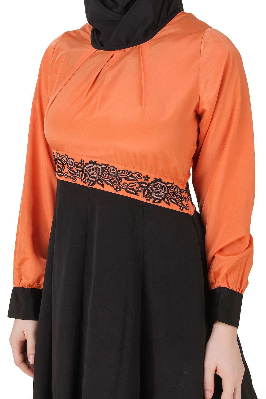 Barika Black & Orange Crepe Short Abaya - Modest Islamic Dress for Women | Perfect for Prayer, Eid, and Casual Wear