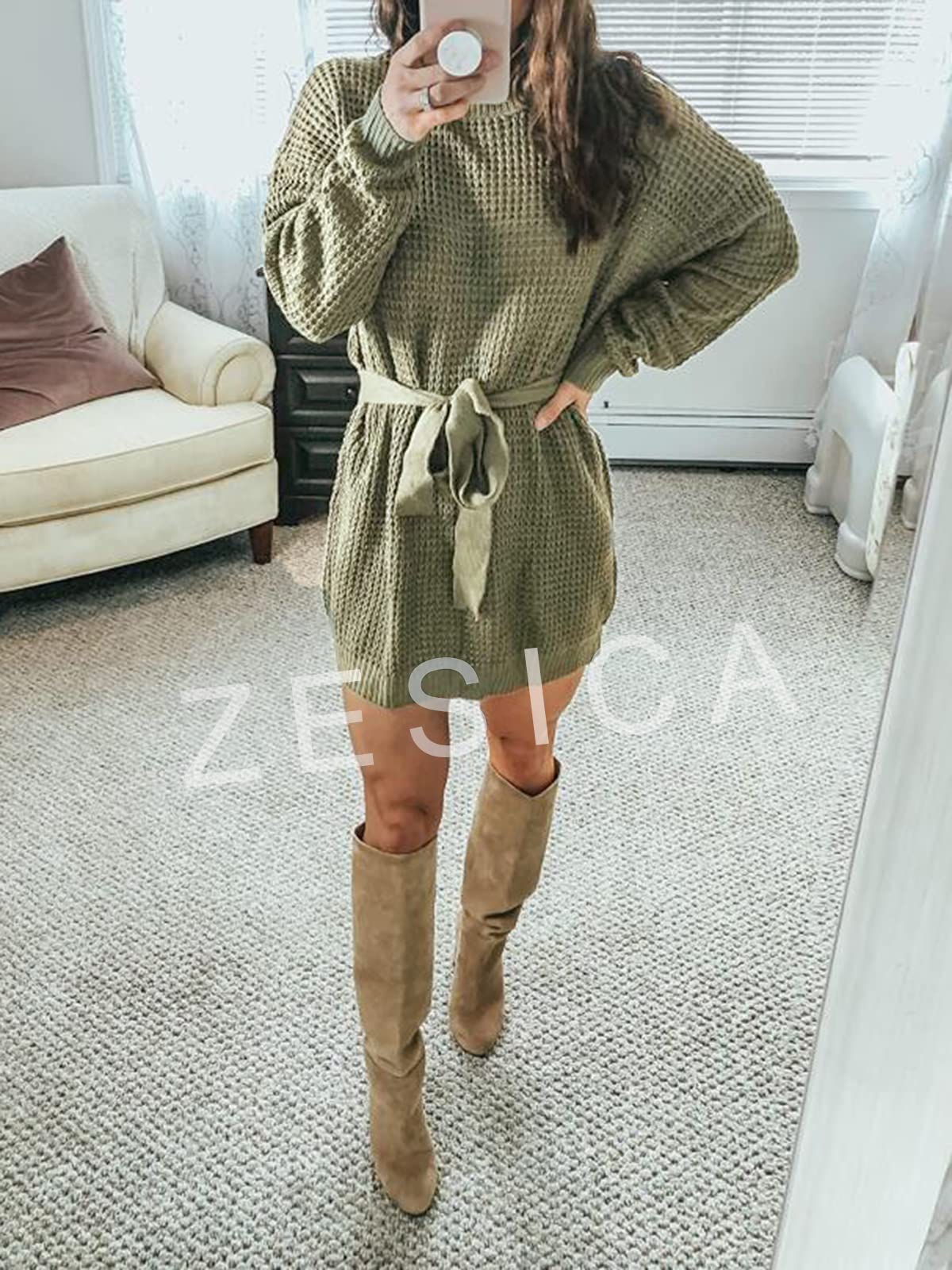 ZESICA Women's Long Sleeve Waffle Knit Tie Waist Tunic Sweater Dress - Fall Winter Pullover Casual Outfit for Work, Date Night & Holiday Season
