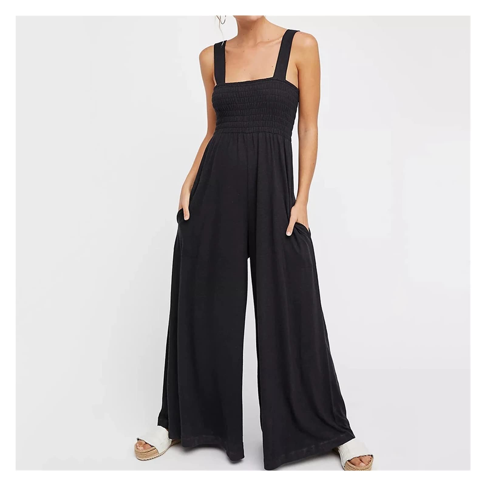 WSSBK Women's Casual Sleeveless Jumpsuit with Pockets - Loose Fit Wide Leg Dungaree Bib Overalls for Streetwear (Color A, Size S) | Perfect for Summer Outings, Music Festivals & Casual Street Style