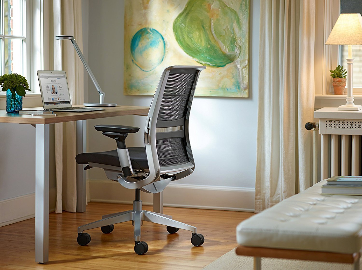 Steelcase Think 3D Knit Ergonomic Office Chair - Black Frame with 4-Way Adjustable Arms, Fixed Lumbar Support & Tangerine Fabric - Hard Floor Casters for Home Office, Workspace & Conference Room Use
