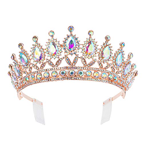 Elegant Rose Gold Crystal Wedding Tiara & Jewelry Set for Bride – Rhinestone Bridal Crown with Side Combs & Matching Necklace Earrings | Perfect for Weddings, Prom, Quinceañera & Special Occasions