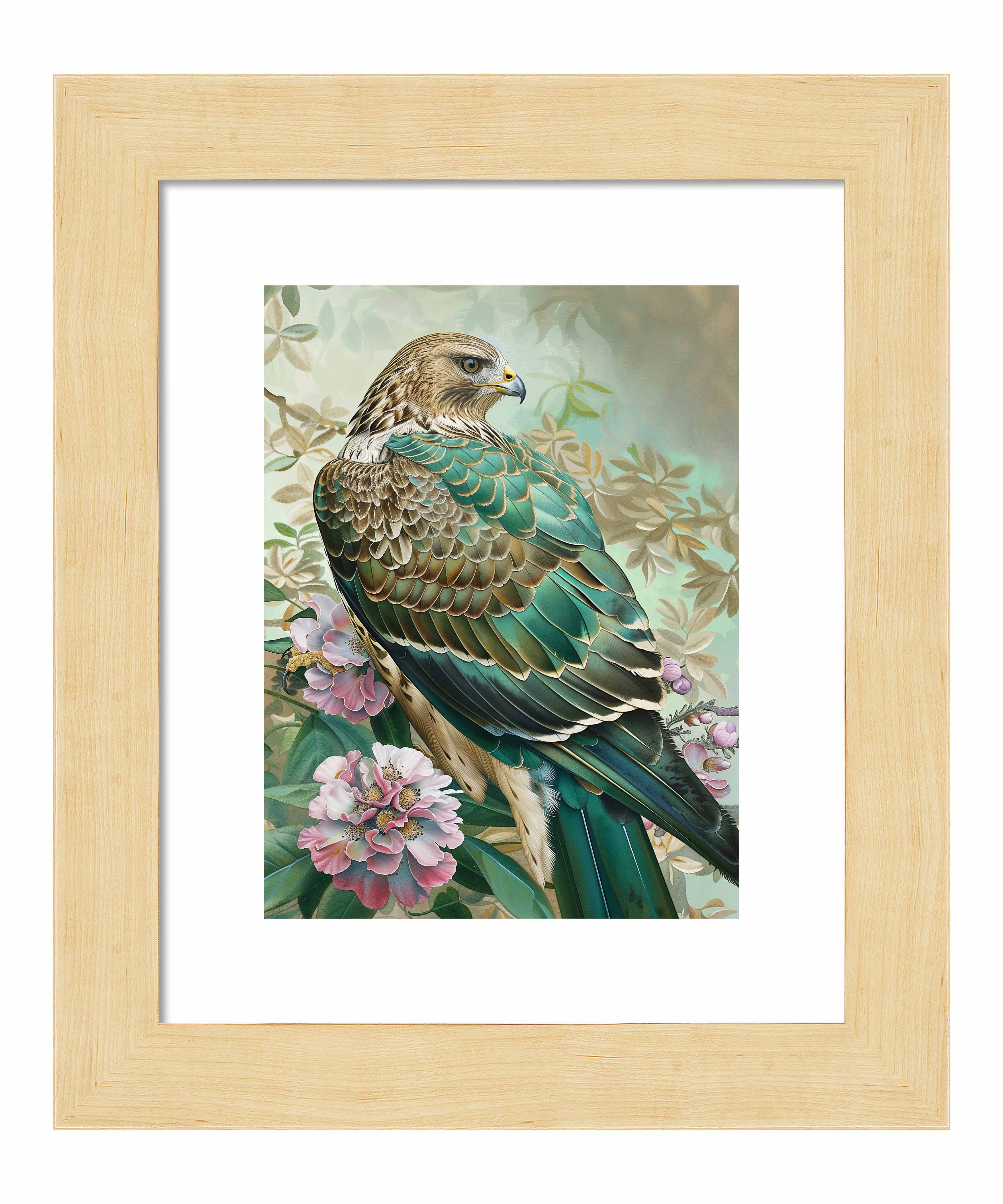 Emerald Majesty Hawk Amidst Blossoms Wall Art Print - Stunning Nature Wildlife Decor for Living Room, Bedroom & Office