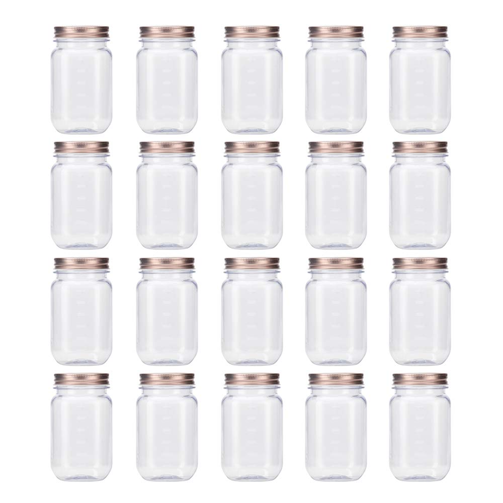 Novelinks 16oz Clear Plastic Jars with Rose Gold Lids - 20 Pack BPA-Free Refillable Round Containers for Kitchen Pantry Organization, Bathroom Storage & Craft Supplies - Airtight Food Storage Jars for Spices, Candles, Makeup & Home Decor