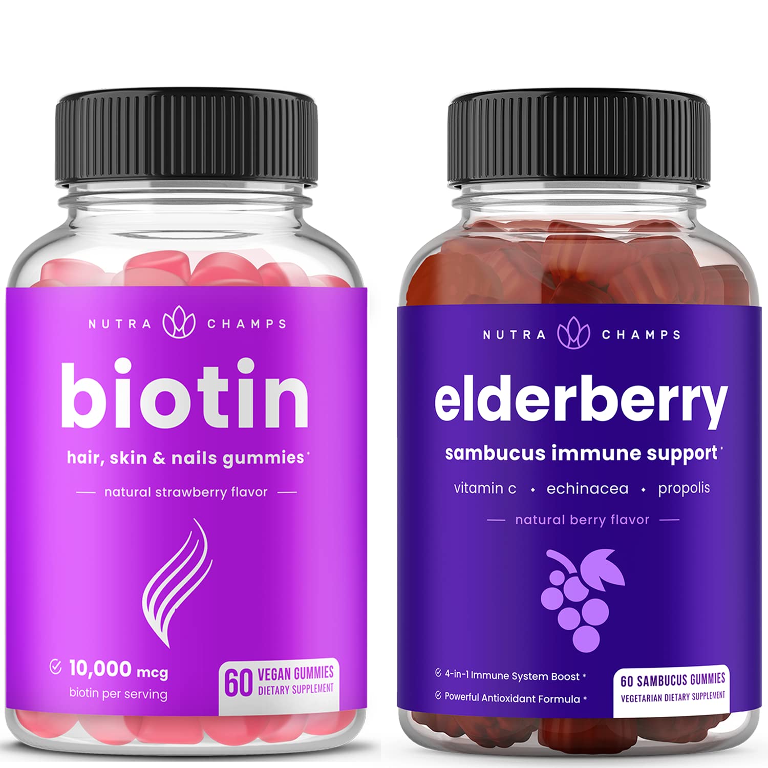 NutraChamps Biotin & Elderberry Gummies Bundle - Hair, Skin & Immune Support Supplement - Delicious Berry Flavored Vitamins for Women & Men - Perfect for Daily Wellness & Immune Boosting