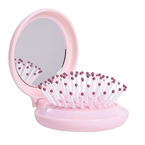 Pink Compact Folding Travel Mirror with Hair Brush & Massage Comb - Portable Makeup Mirror for Women & Girls - Perfect for Travel, Home, Office & Gym Use