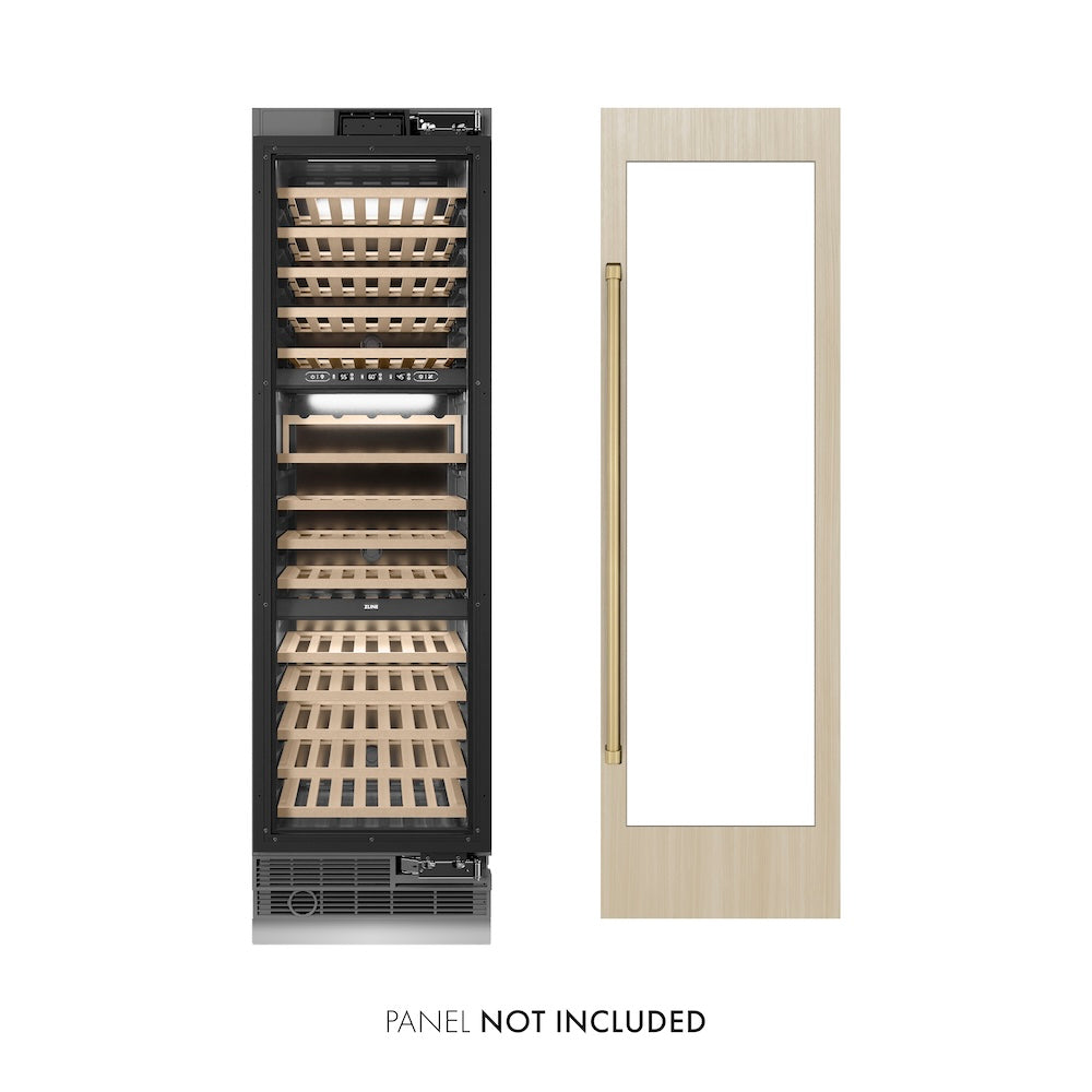 ZLINE Autograph Edition 24 Inch 12.4 Cu Ft Triple Zone 100 Bottle Panel Ready Column Wine Cooler with Champagne Bronze Accents - Perfect for Home Bars, Wine Cellars, and Entertaining Spaces (RBCWVZ 24 CB)