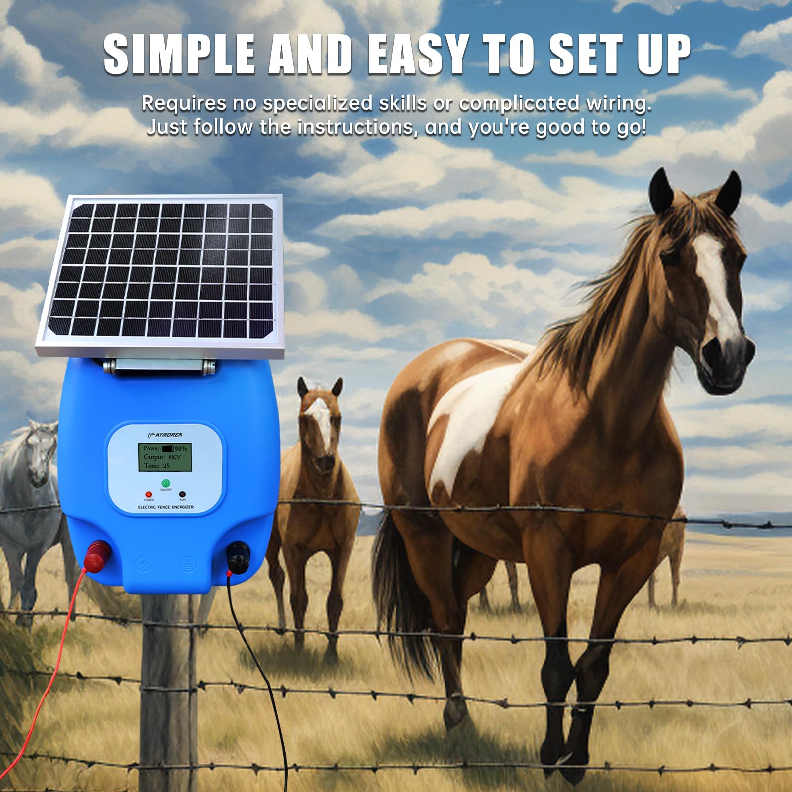 Solar Powered Electric Fence Charger 1.5 Joule Energizer with LCD Display - 5 Mile Range, Rechargeable Lithium Battery & 5W Solar Panel - Perfect for Livestock Protection, Poultry Security, Garden & Orchard Fencing - Ideal for Farms, Ranches, Backyards and Rural Properties