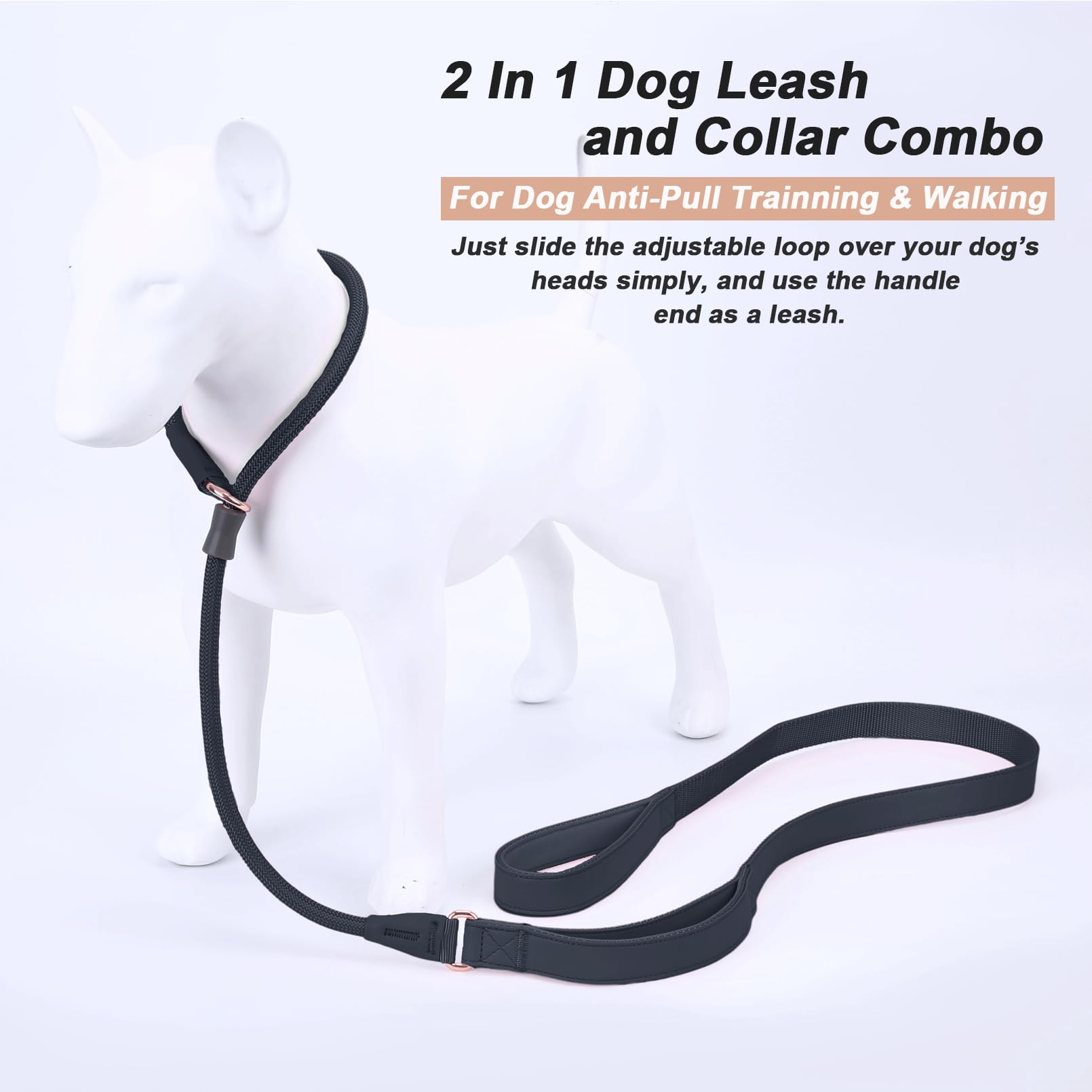 Premium Slip Lead Dog Leash - Heavy Duty Nylon No Pull Training Leash with Double Handle for Small Medium Large Dogs - Soft Leather Slip Collar Included - 6ft Black - Perfect for Walking, Training & Outdoor Adventures