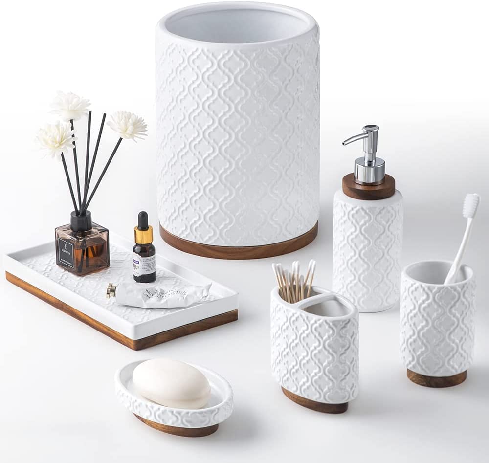 Premium 6-Piece Ceramic & Wood Bathroom Accessories Set - Toothbrush Holder, Soap Dispenser, Tray, Tumbler, Soap Dish & Trash Can in Elegant White | Modern Bathroom Organization for Homes, Hotels & Guest Rooms