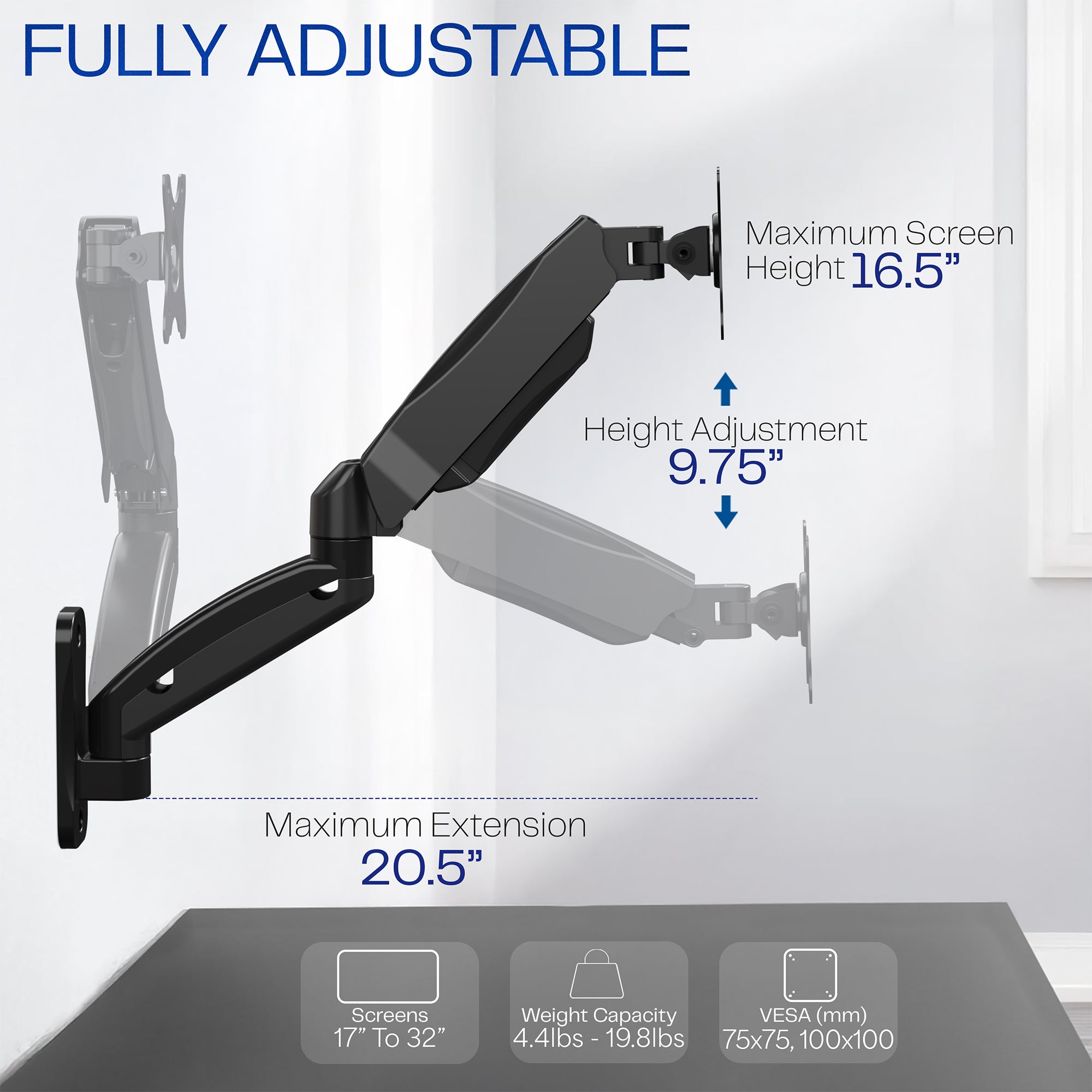 Adjustable Pneumatic Arm Single Monitor Wall Mount Bracket - Holds Up to 32 Inch Screens for Home Office, Gaming & Workspace Setup