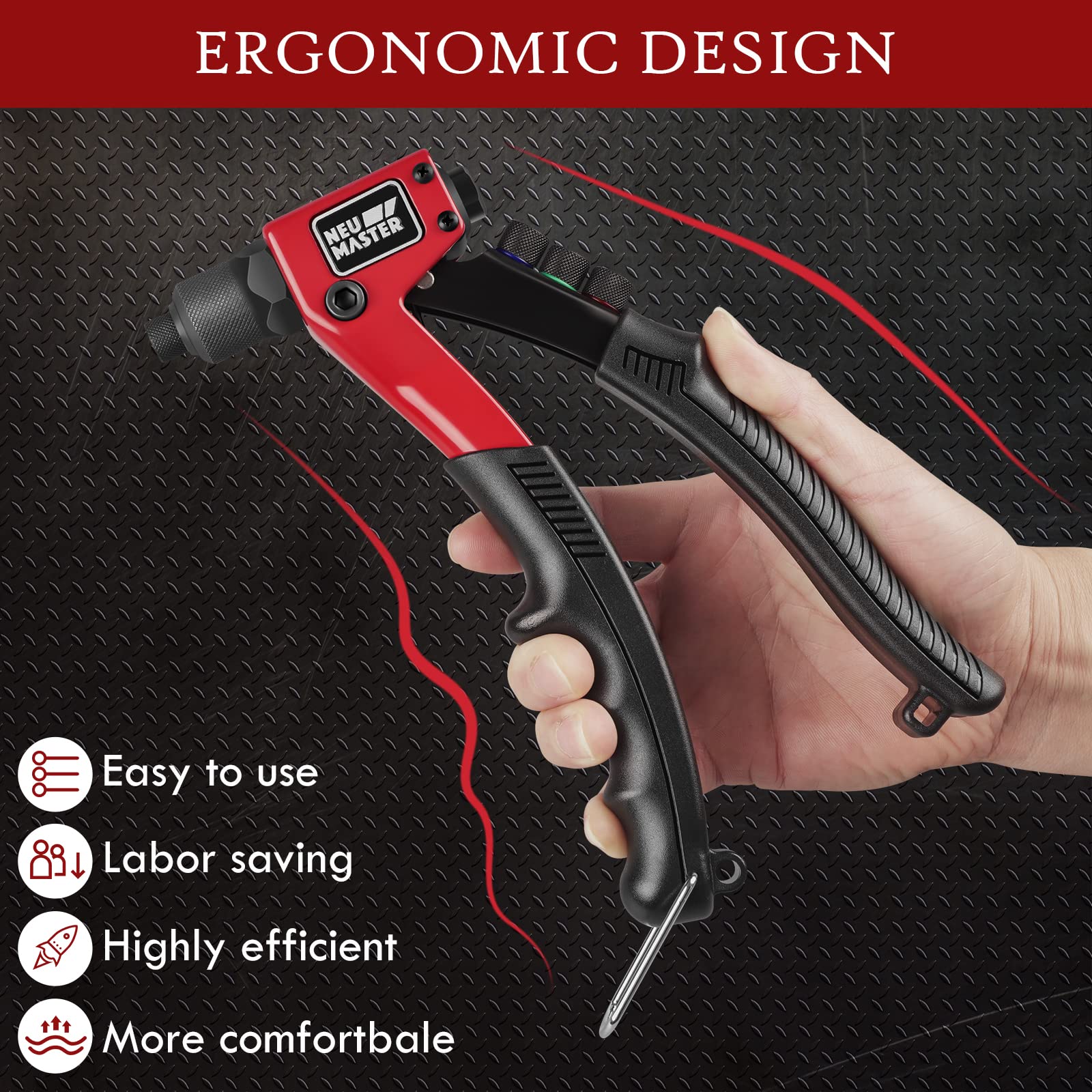 NEU MASTER Heavy Duty Manual Rivet Gun Kit - 4 Tool-Free Interchangeable Heads with 200Pcs Rivets & BMC Case - Professional Single Hand Riveter for Plastic, Metal, Leather - Perfect for DIY Projects, Home Repairs, and Automotive Work