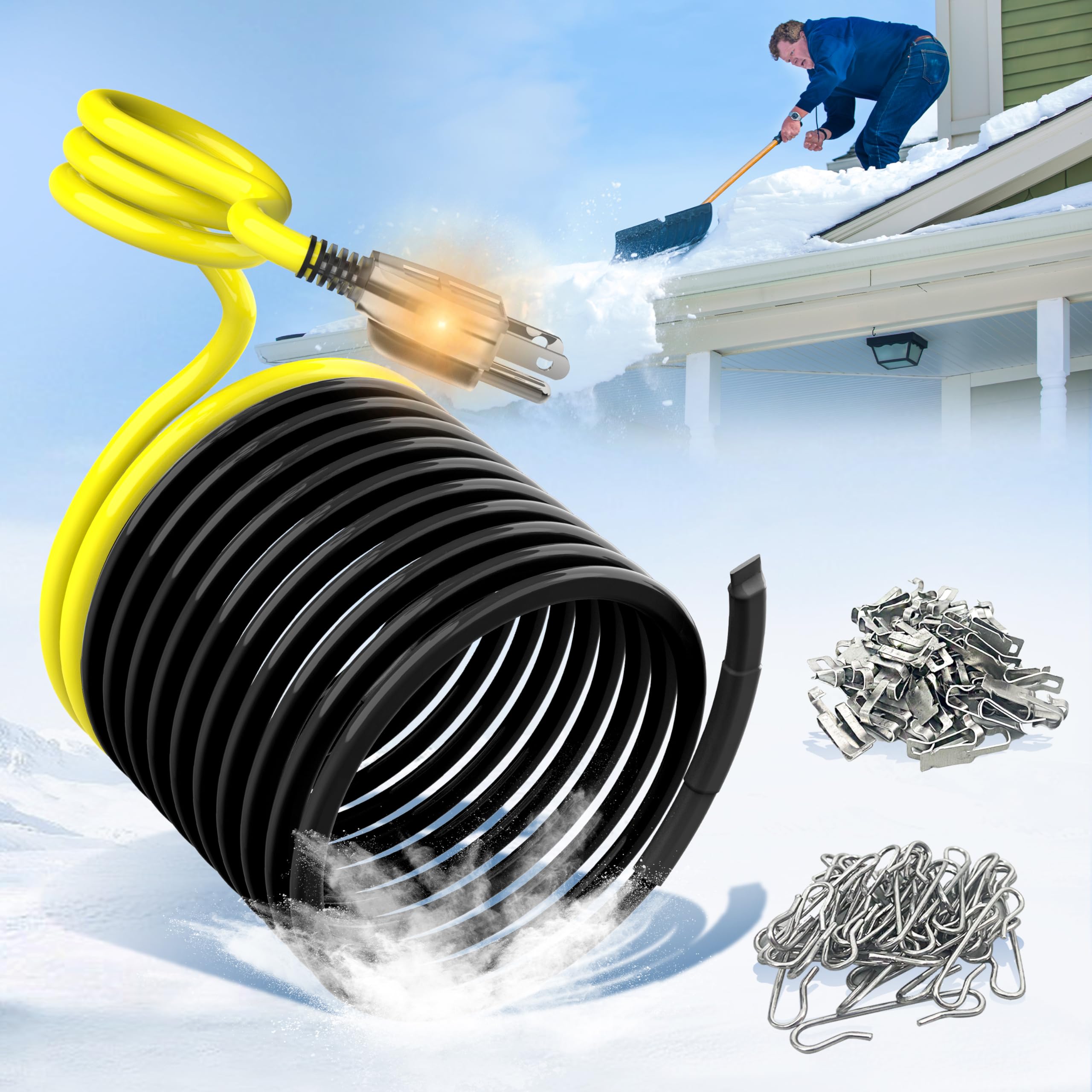 YeloDeer 65ft Electric Heat Tape for Roof & Gutter - 7W/ft 120V Heated Cable with 6ft Cold Weather Power Plug | Prevent Ice Dams & Winter Roof Damage | Ideal for Snowy Climates & Home Winterization