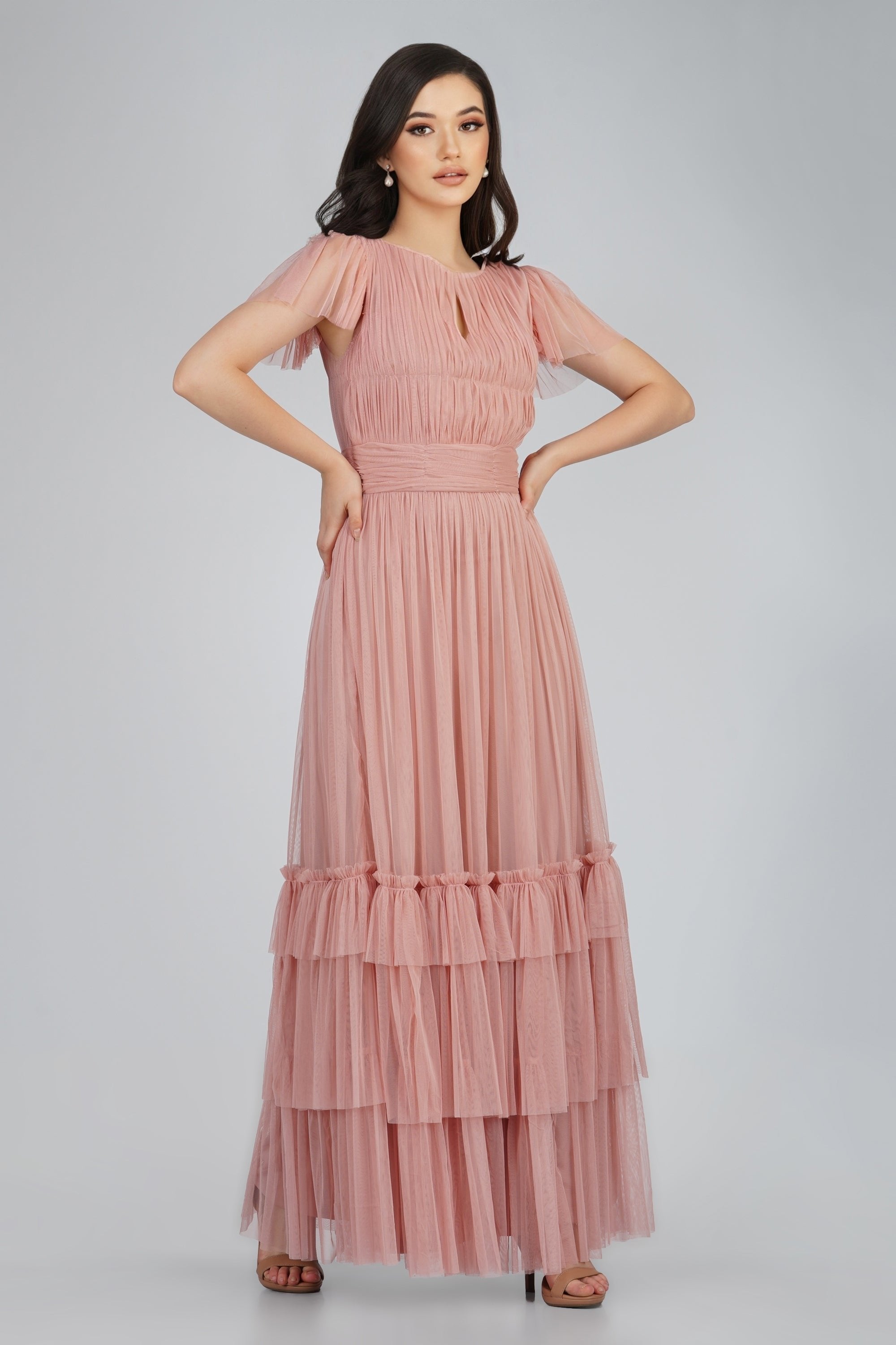 Elegant Mink Tulle Maxi Dress for Women - Perfect for Weddings, Prom, and Evening Parties