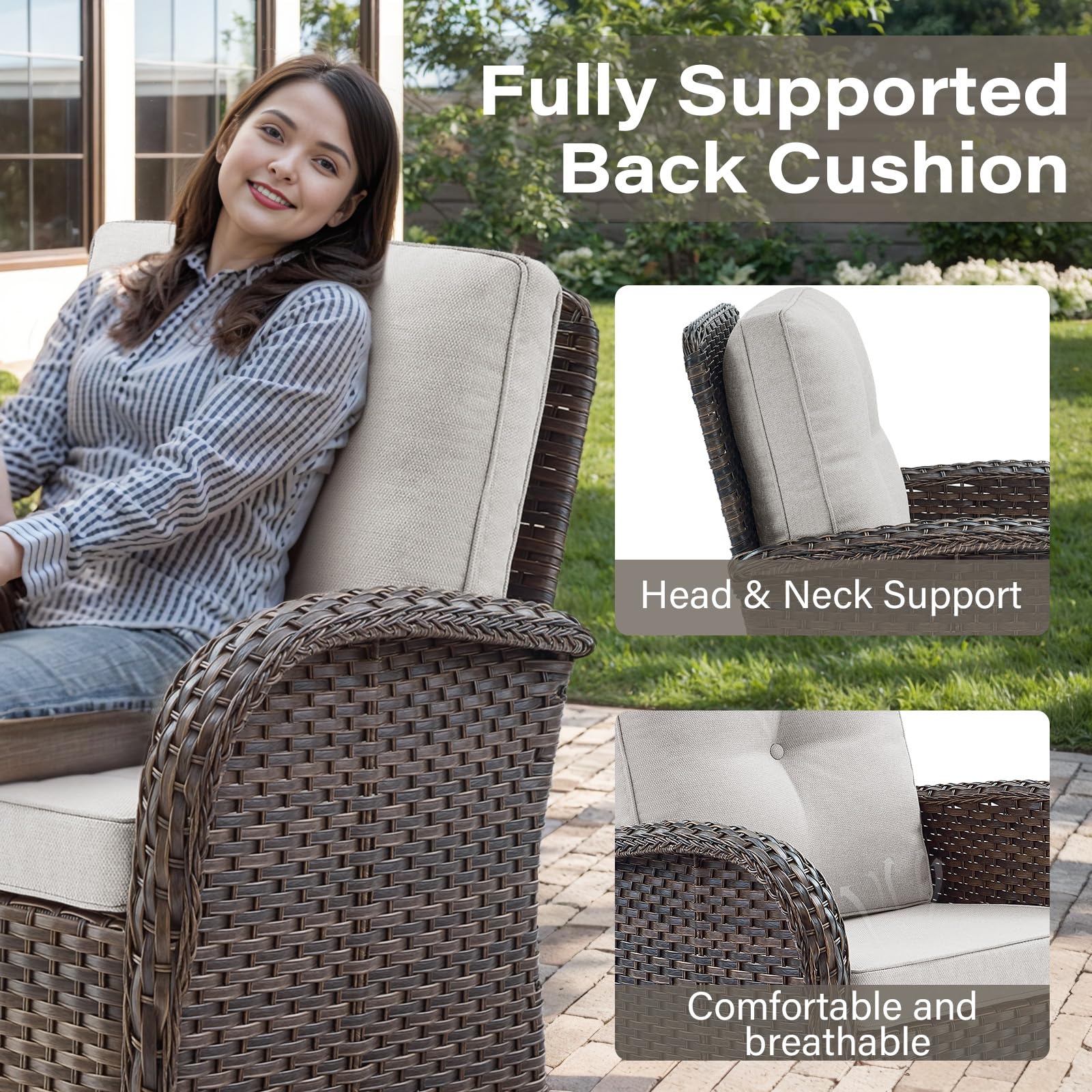 Outdoor Wicker Swivel Rocking Chairs Set of 2 with Rattan Side Table - 3-Piece Patio Furniture Set for Deck, Porch, Poolside - Brown/Beige - Perfect for Relaxing, Entertaining & Outdoor Lounging