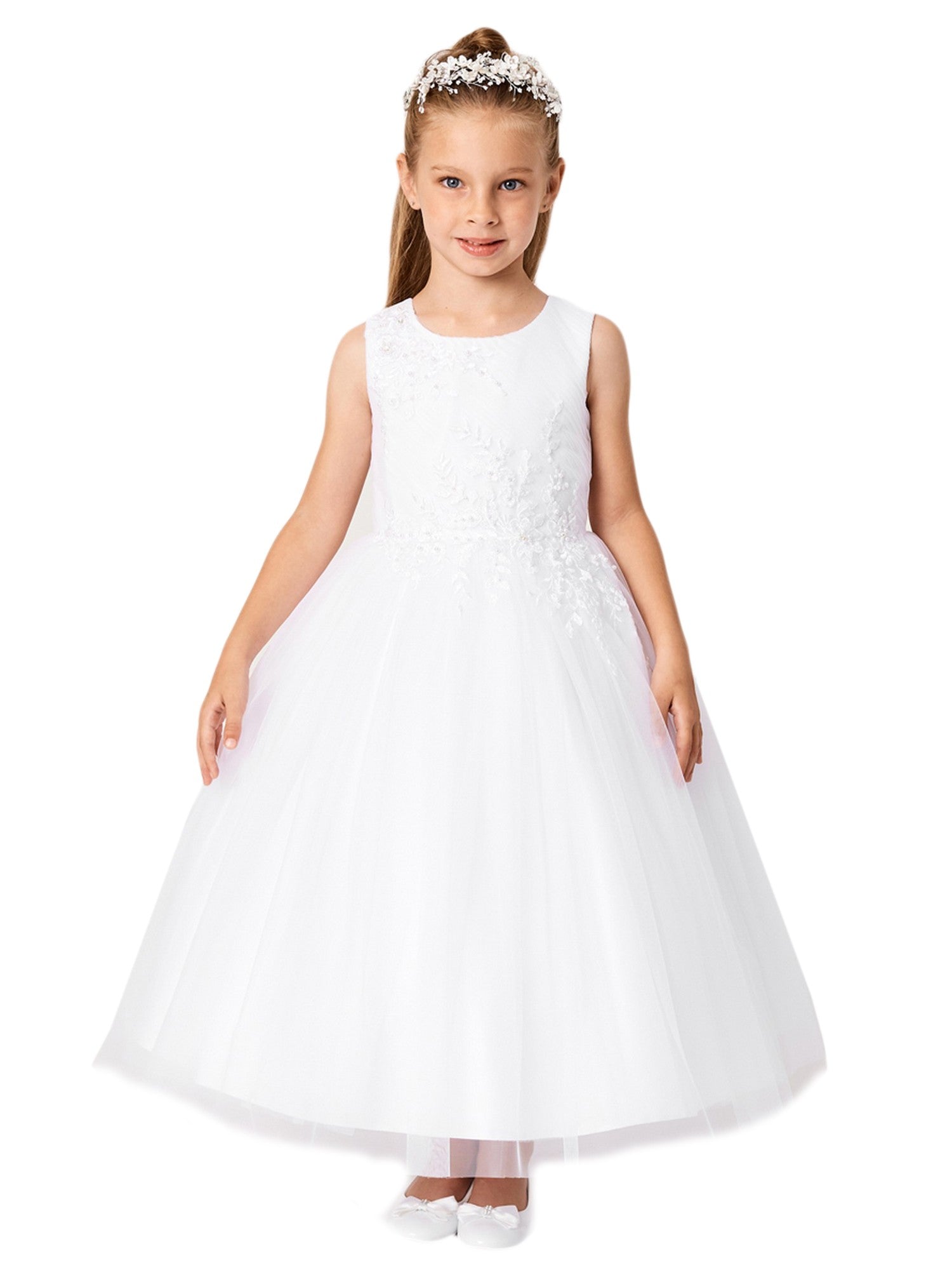 Ivory Pleated Floral Applique Junior Bridesmaid Dress for Big Girls Size 8-14 - Perfect for Weddings, Proms & Special Occasions