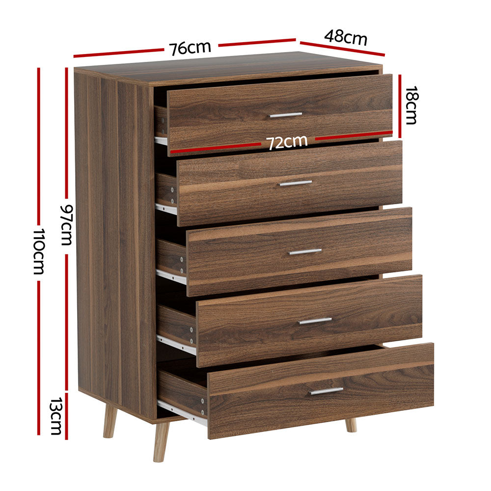 5-Drawer Chest in MIRI Walnut Finish - Stylish and Functional Storage for Bedroom, Living Room, or Office