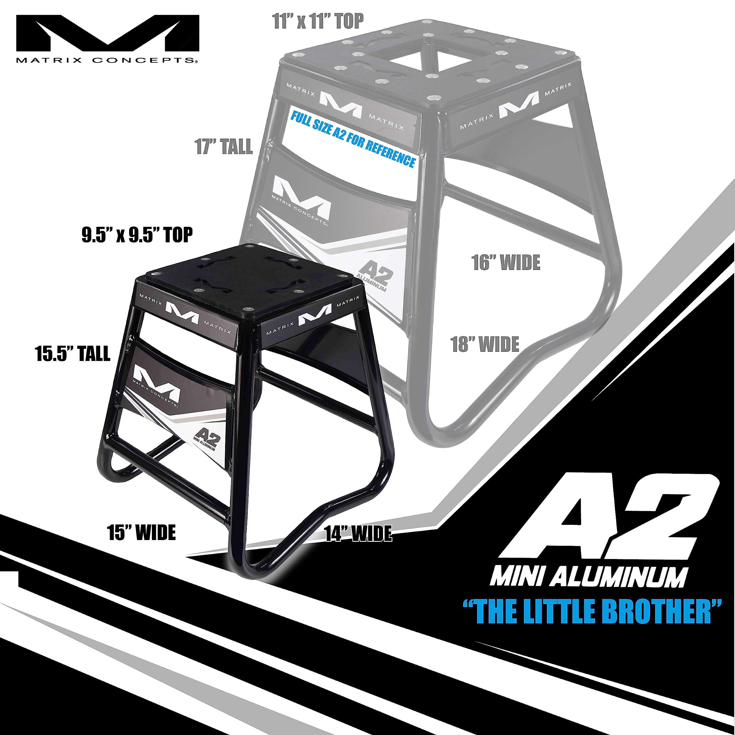 Matrix Concepts A2 Aluminum Stand - High-Quality Aircraft Tubing with Anti-Rock Technology for 50cc, 65cc & 85cc Dirt Bikes - Includes Sticker Pack (Black) - Ideal for Motocross, Pit Bike Maintenance & Garage Storage