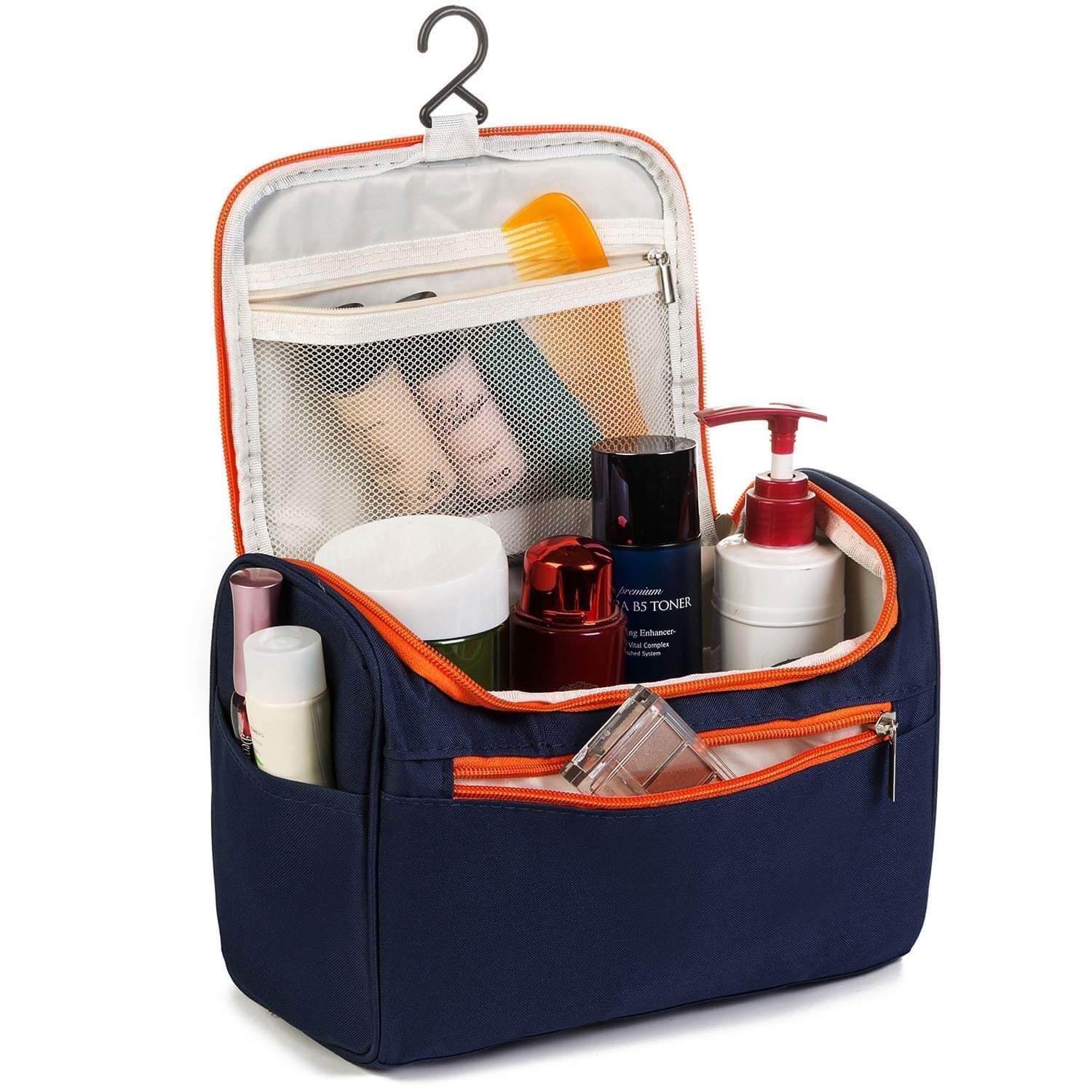 FRIJVEN Waterproof Polyester Travel Toiletry Bag with Hook - Portable Cosmetic Organizer for Makeup, Grooming & Personal Care - Ideal for Men & Women Travel Accessories (Navy Blue) | Perfect for Airplane, Gym, Camping & Business Trips