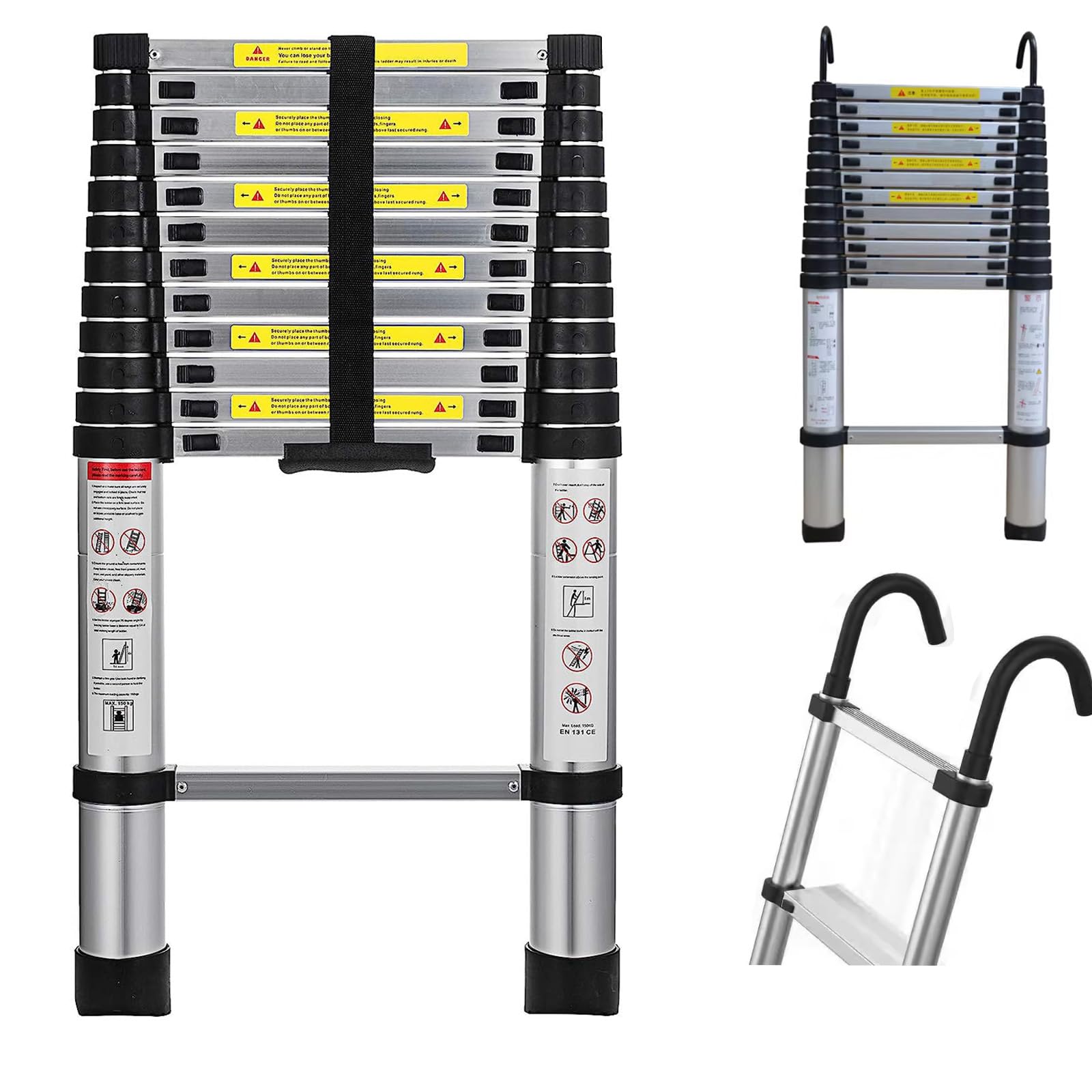 15.5FT Aluminum Telescoping Extension Ladder with Safety Hooks - 330LB Capacity, Anti-Slip Rungs & Quick-Release Button - Lightweight Collapsible Ladder for Home Roofing, Painting, Construction & DIY Projects