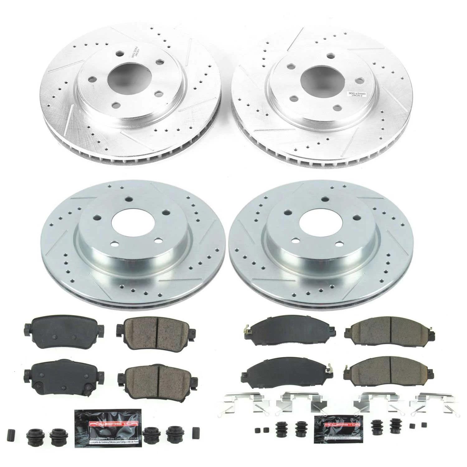 Power Stop K8274 Z23 Carbon Fiber Brake Pads & Drilled Slotted Rotors Kit - Front & Rear for Nissan LEAF 2018-2024 | High-Performance Braking for City Driving & Electric Vehicles
