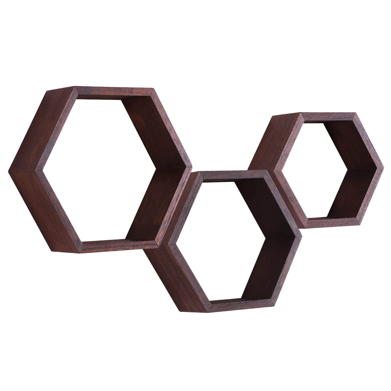 PHOENANCEE Hexagon Floating Shelves Set of 3 - Honeycomb Wall Shelves for Home Decor, Wooden Farmhouse Hexagonal Storage Shelves for Living Room, Bedroom, Kitchen & Office (Walnut) - Perfect for Displaying Photos, Plants and Decorative Items