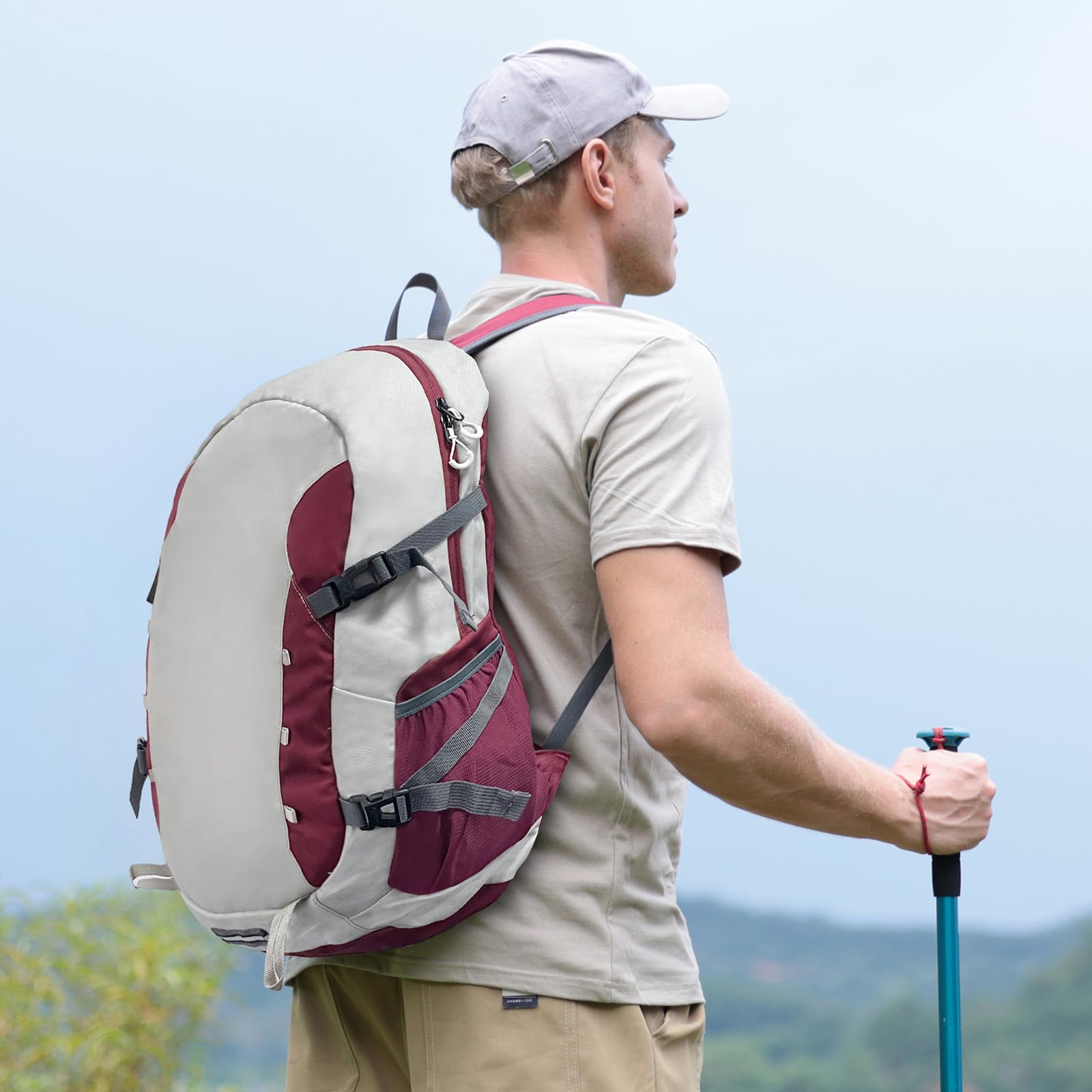 40L Water Resistant Hiking Backpack - Ultra Lightweight Foldable Travel Backpack for Men & Women - Perfect for Camping, Day Trips and Outdoor Adventures (Beige/Red)
