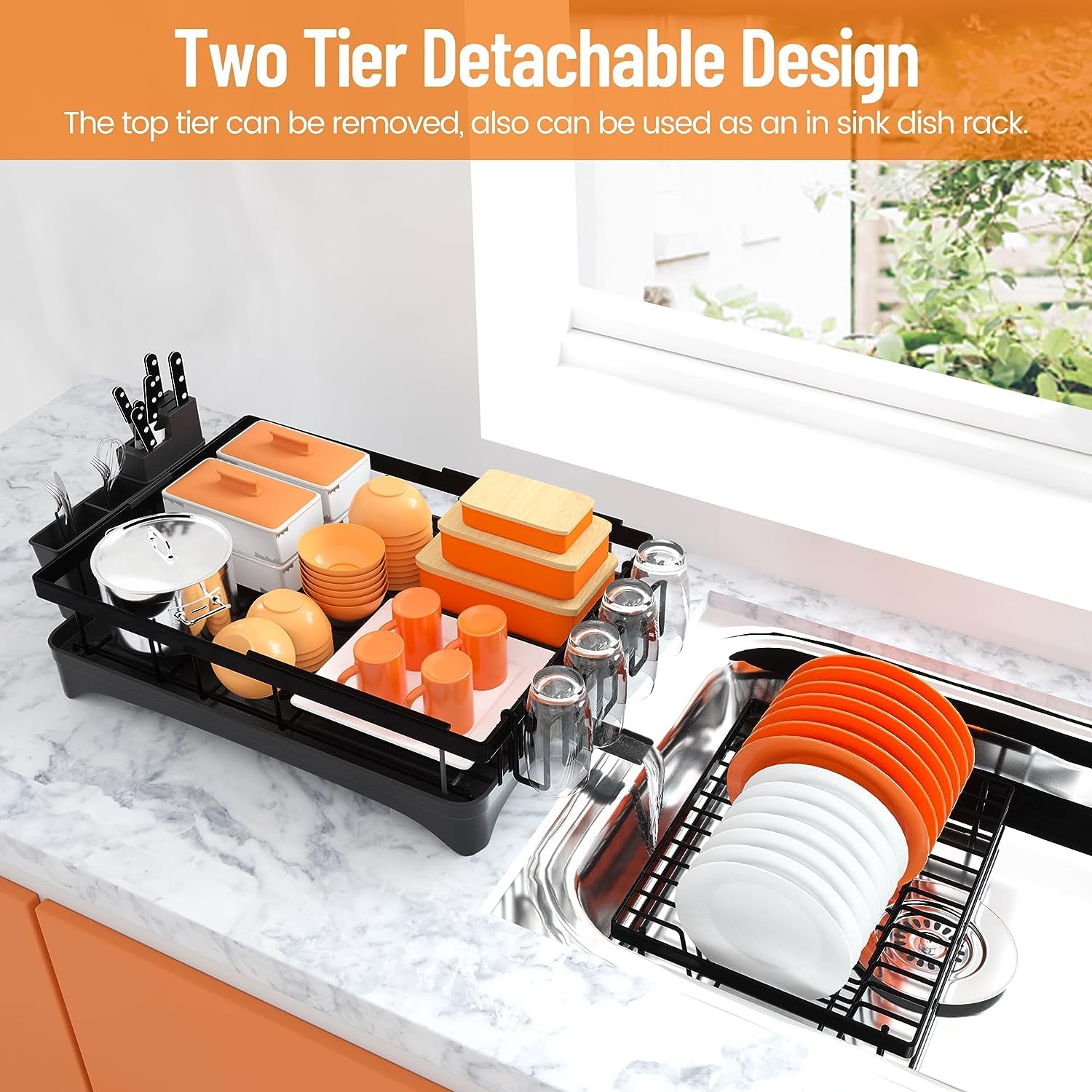 Premium 2-Tier Carbon Steel Dish Drying Rack with Drainboard | Detachable Dish Drainer & Organizer Shelf | Space Saving Kitchen Storage for Dishes, Utensils, Knives, Spoons & Forks | Ideal for Small Kitchens, Apartments & Countertop Organization