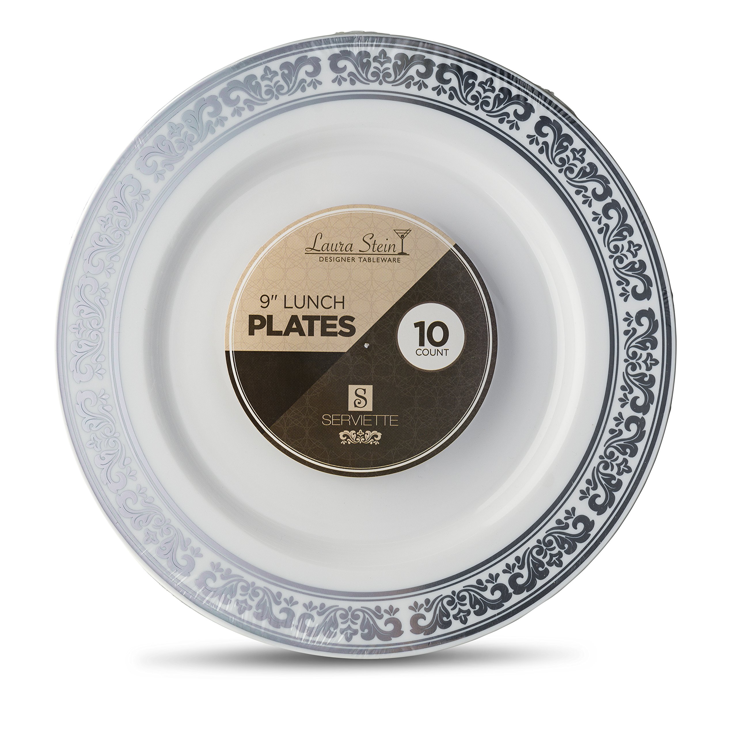 10-Pack Laura Stein Designer 9-Inch Premium Heavyweight Plastic Luncheon Plates - White with Silver Border, Elegant Disposable Tableware for Weddings, Parties & Events - Perfect for Catering, Buffets & Special Occasions