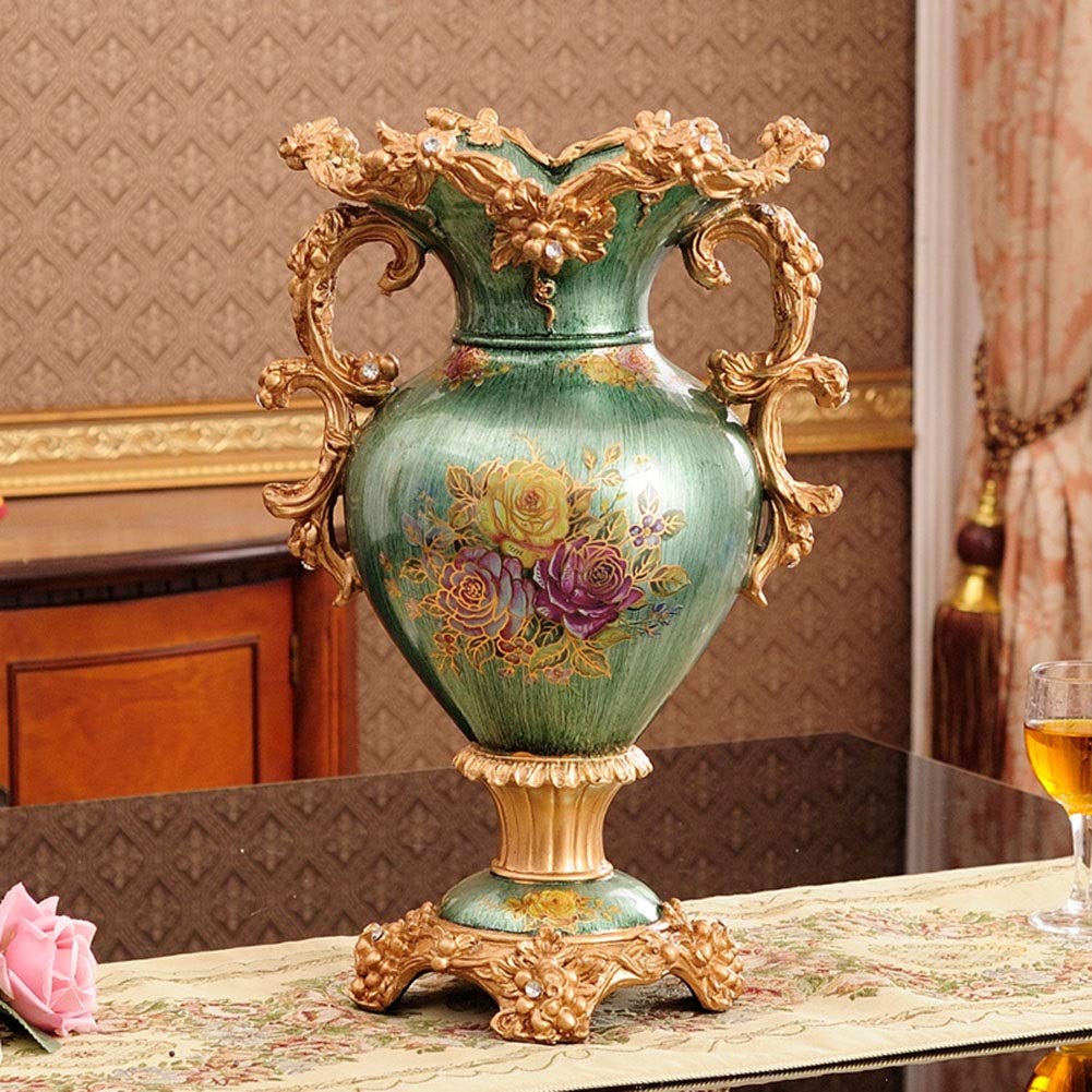European-Style Retro Large Resin Flower Vase - Hand-Painted Tall Decorative Vase for Home & Office Decor (31cm×46cm, Green) | Perfect for Living Room Centerpiece, Dining Table, Bedroom & Hotel Decorations