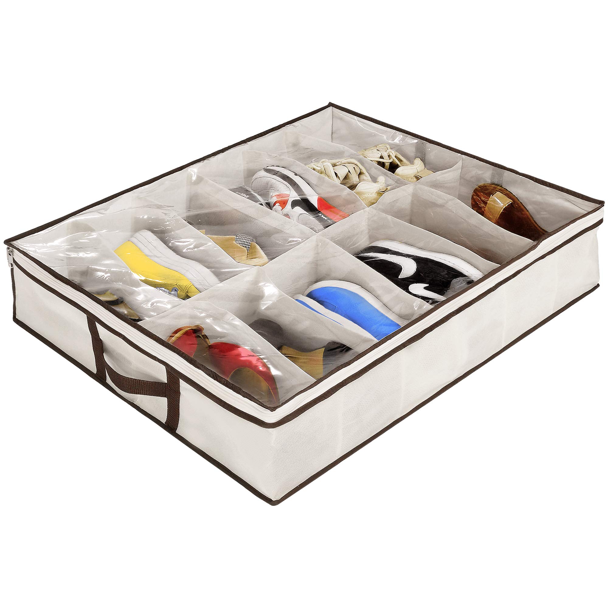 Ziz Home Under Bed Shoe Organizer Storage - 12 Pair Capacity Shoe Box with Zippered Front Closure for Kids & Adults - Space Saving Bedroom Closet Organization Solution - Easy Assembly (1 Pack) - Perfect for Small Spaces, Dorm Rooms & Apartment Living