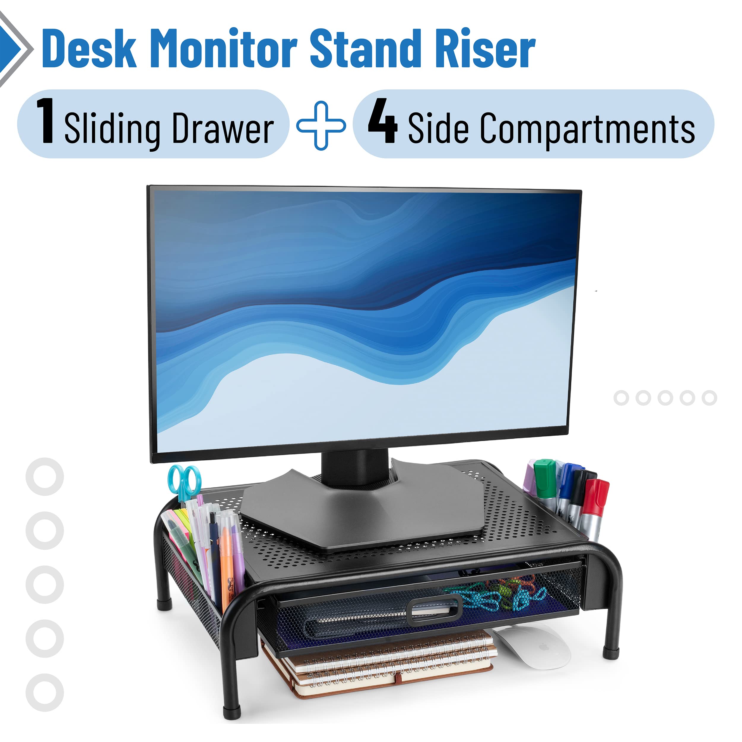 Mr. Pen - Adjustable Metal Mesh Monitor Stand with Storage Drawer, Ergonomic Computer Riser for Home & Office Desk - Perfect for Dual Monitors, Laptops & Workspace Organization