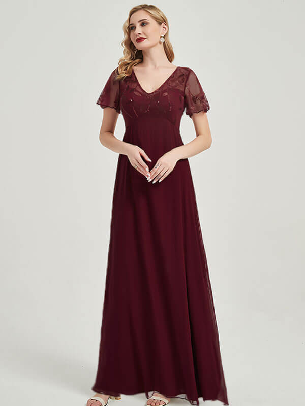Burgundy Leaf Sequined V-Neck Ruffle Sleeves Chiffon Evening Dress for Women - Elegant Party Gown for Prom, Wedding, Cocktail & Formal Events