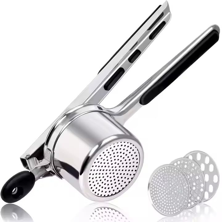 Stainless Steel Potato Ricer - 15oz Heavy Duty with 3 Interchangeable Discs & Ergonomic Silicone Handle - Perfect for Making Creamy Mashed Potatoes, Baby Food, and Purees - Ideal for Home Kitchens and Professional Use