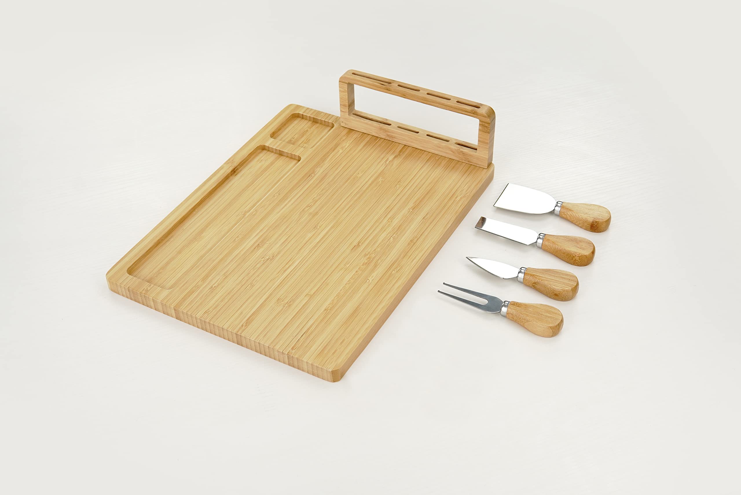 Premium Bamboo Cheese Board and Knife Set - Charcuterie Serving Platter with 4 Stainless Steel Knives - Perfect for Wine Pairings, Entertaining Guests, and Holiday Gifts - Ideal for Cheese Lovers, Dinner Parties, and Charcuterie Displays