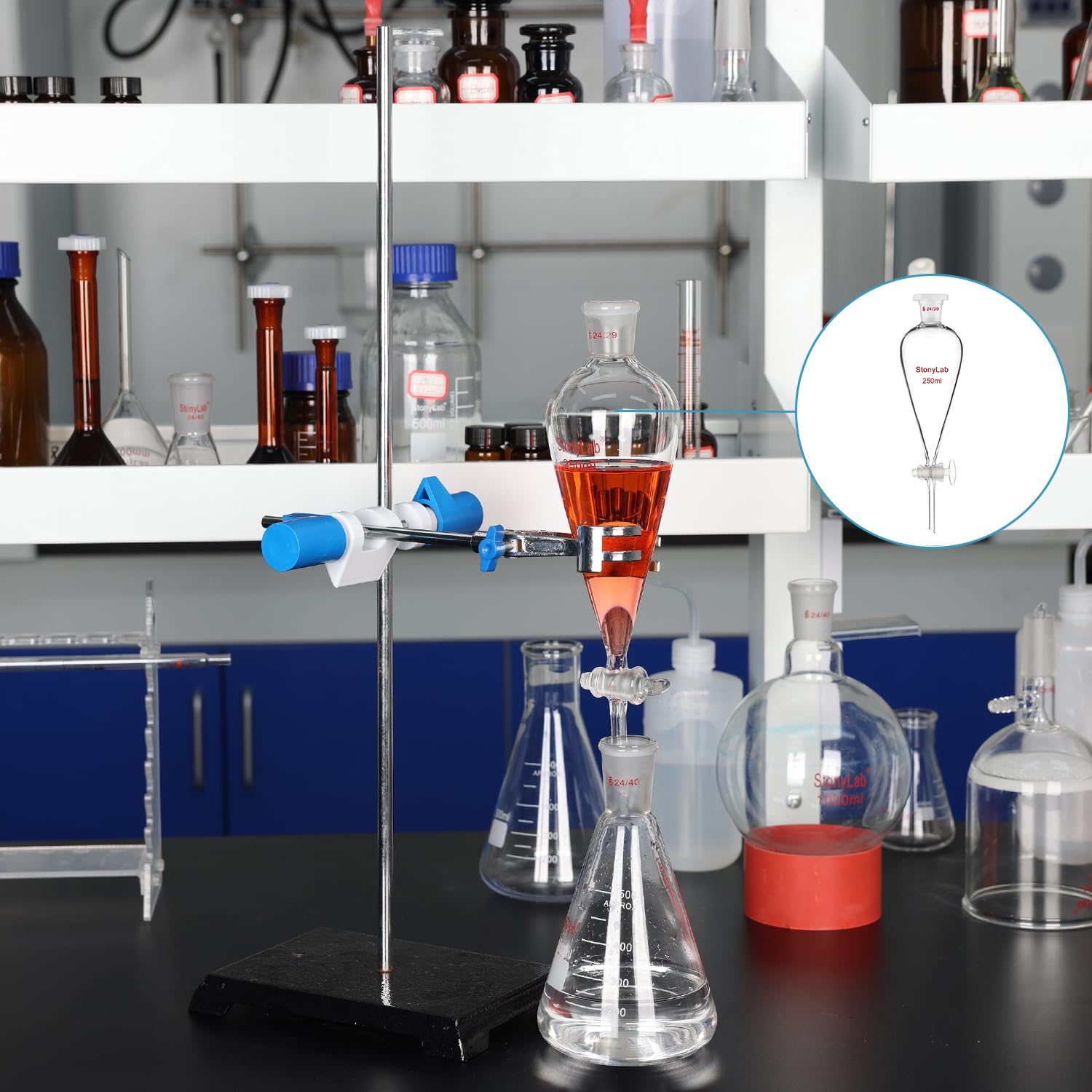 High-Quality Glass Separatory Funnel with PTFE Stopcock Valve - Perfect for Chemical Extraction, Essential Oil Separation & Laboratory Use