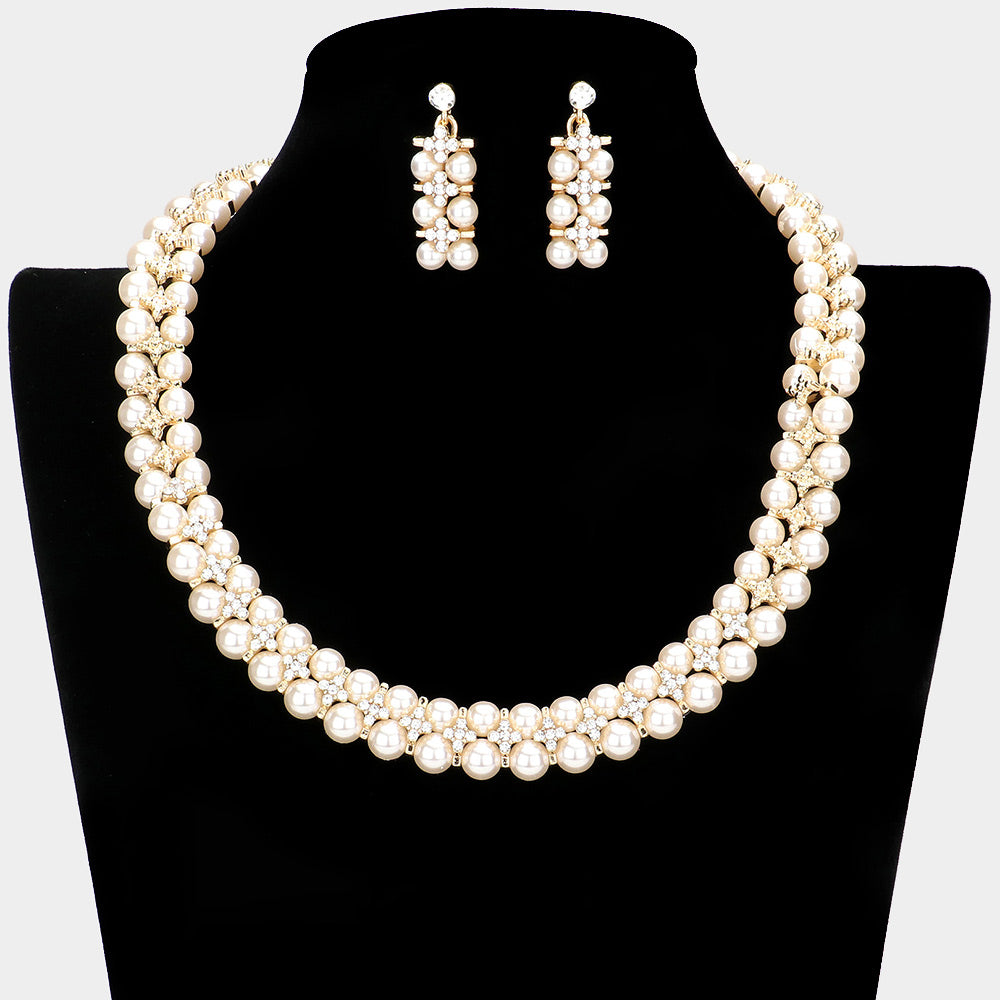 Elegant Crystal and Cream Pearl Bib Necklace & Earrings Set | Bridal Jewelry | Wedding Jewelry for Bride | Perfect for Weddings, Prom, and Formal Events | 376794