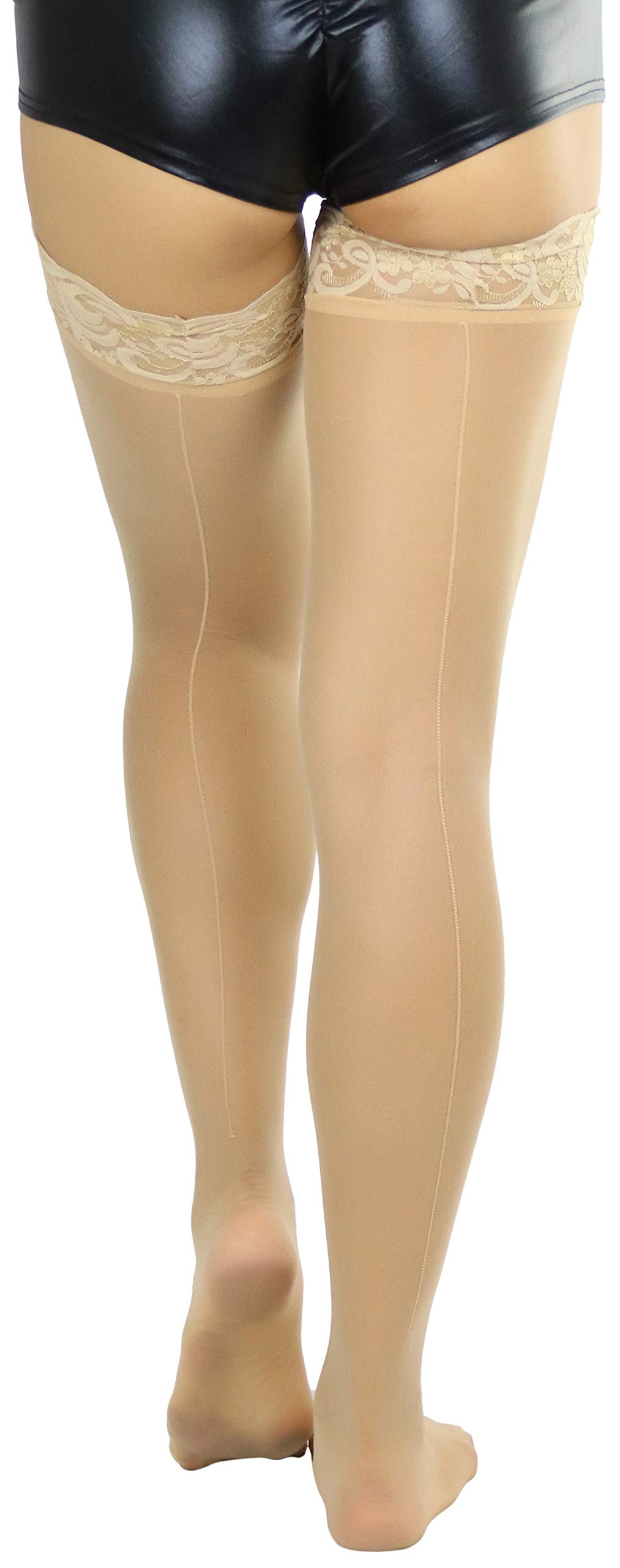 ToBeInStyle Women’s Classic Backseam Thigh High Stockings with Floral Lace Top - Sexy Hosiery for Date Night, Cosplay & Special Occasions