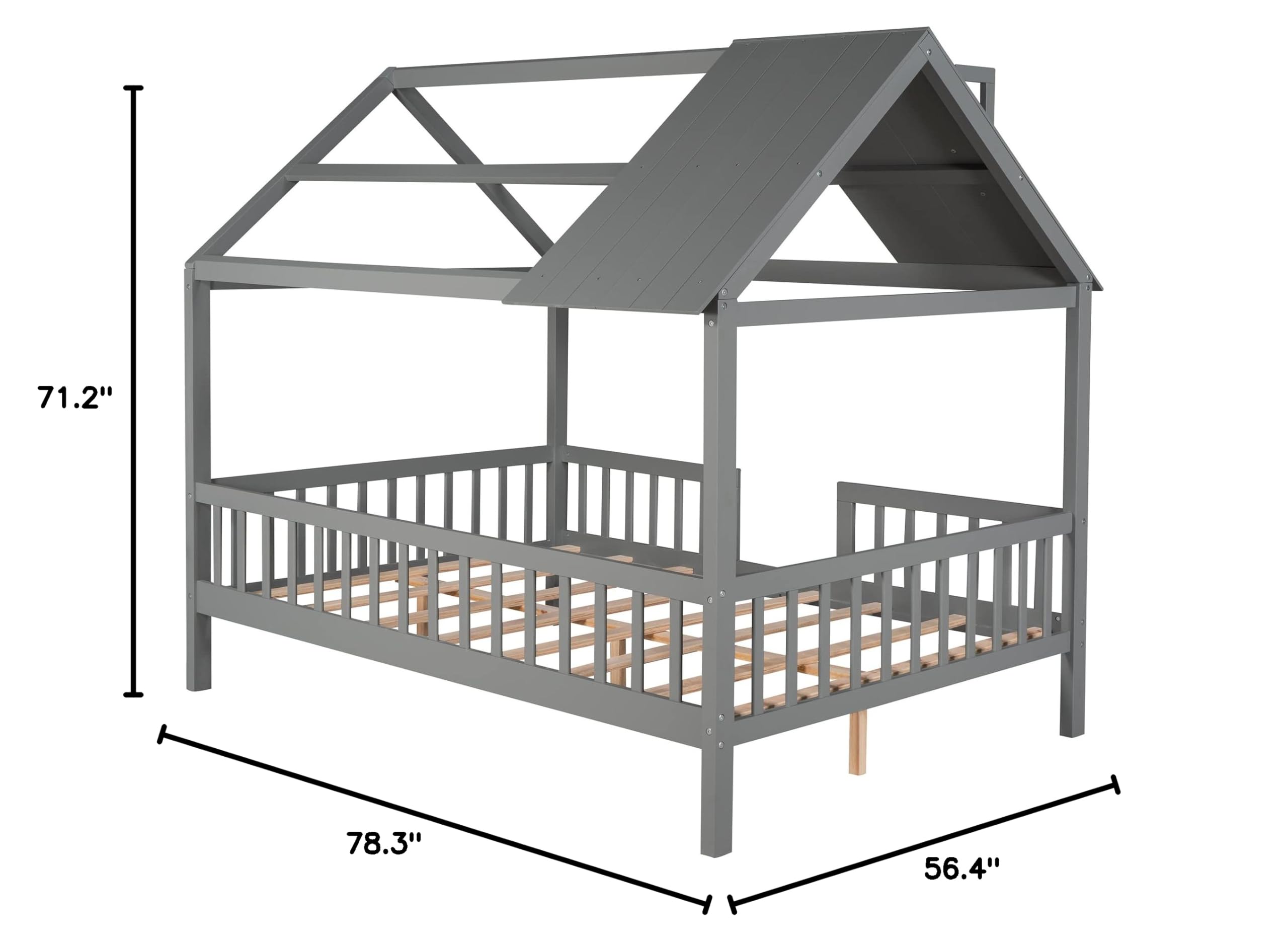 Merax Full House Bed for Kids - Wooden House-Shaped Bed Frame with Roof Windows & Safety Rails - Grey - Perfect for Kids' Bedroom, Playroom & Sleepovers