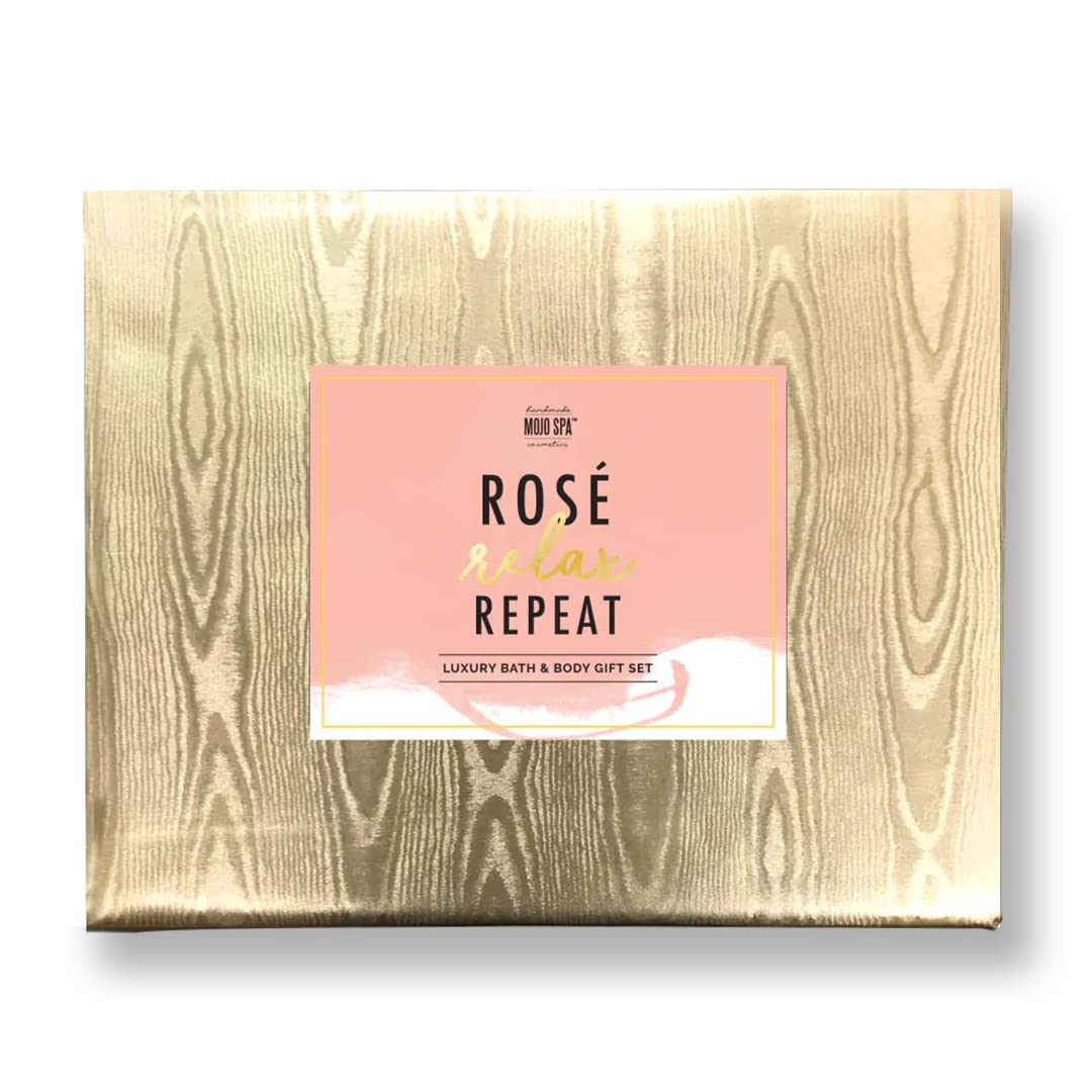 Mojo Spa Rosé Relax Repeat Extra Large Gift Set - 4 Handmade Natural Bath & Body Products for Women | Face & Body Scrub, Soap Cream, Bath Salts, Massage Candle | Perfect for Self-Care, Spa Day, Birthday & Anniversary Gifts